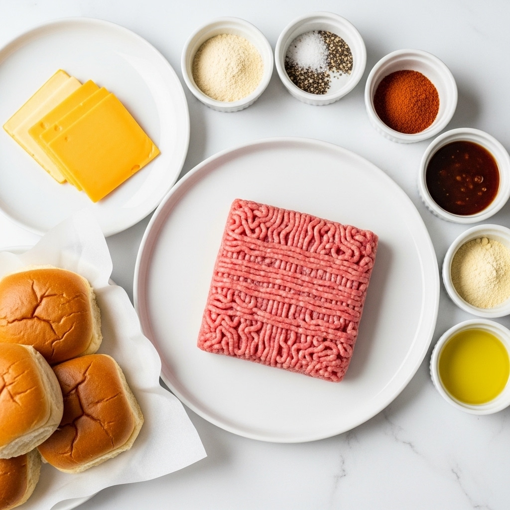A white round plate holds a square of pink ground meat with visible lines from the grinder, sitting on a white marbled surface. Around it are several small white bowls with different spices and liquids, including light beige powder, reddish-brown powder, black and white salt and pepper mix, light yellow powder, light olive oil, and glossy dark brown sauce. To the left, there is a white plate with three square slices of yellow cheese, and below that, a stack of golden brown sandwich buns on white parchment paper. The overall scene is bright and clean, showing all ingredients clearly. photo taken with an iphone --ar 4:5 --v 7