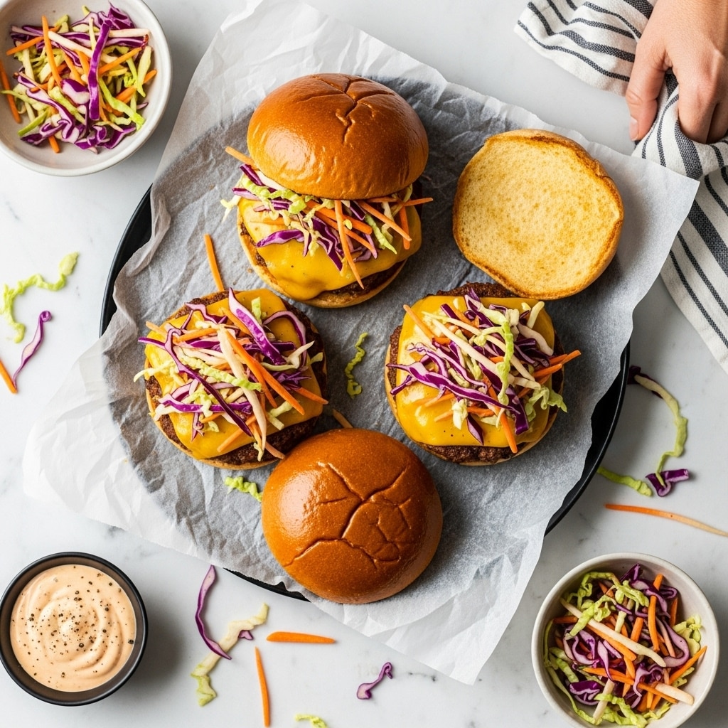 The image shows three open-faced burgers placed on a black tray lined with crumpled parchment paper. Each burger has a shiny, golden brown bottom bun, topped with a melted yellow cheese slice, then a layer of colorful slaw made of thin strips of purple cabbage, green cabbage, and orange carrot. The top bun is off to the side, showing the layers clearly. Small bowls with extra slaw and a creamy sauce with black pepper sit on the tray and near it. The background is a white marbled surface scattered with bits of slaw, and a woman's hand with a striped cloth is partially visible in the corner. photo taken with an iphone --ar 4:5 --v 7