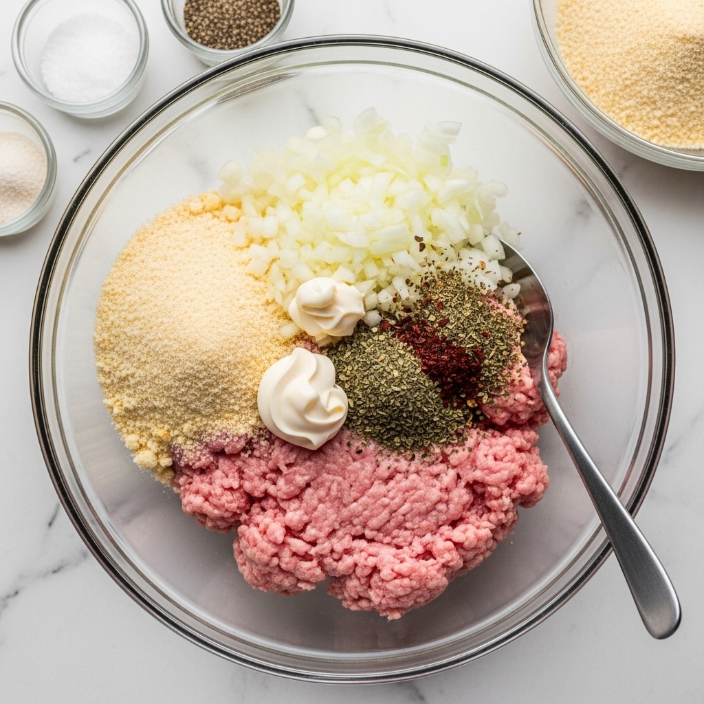 A clear glass bowl sits on a white marbled surface, holding several layers of ingredients. At the bottom, there is a layer of light pink ground meat with a soft, fine texture. On top of the meat, there is a heap of pale yellow breadcrumbs to the left, finely chopped white onions in the upper middle, and a small dollop of white mayonnaise near the center. To the right of the mayo, there are dark green and red dried herbs and spices. A shiny metal spoon rests inside the bowl to the right side, partially sitting on the ingredients. Around the bowl, there are small containers holding salt, pepper, and extra breadcrumbs. Photo taken with an iphone --ar 4:5 --v 7