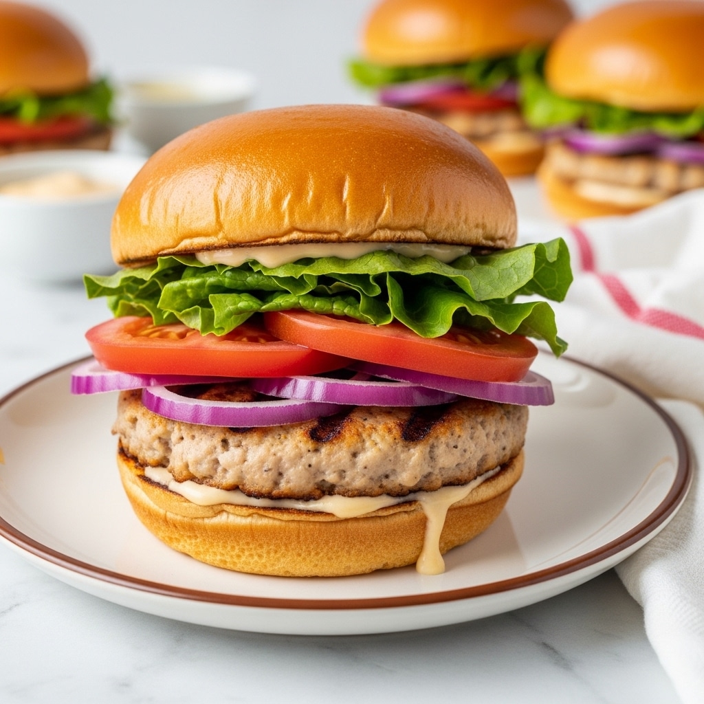 The image shows a sandwich cut in half, resting on a wooden board over a white marbled surface. The sandwich has five visible layers: a lightly toasted top bun with a soft golden brown color, slices of red tomato and thin purple onion rings just below, a thick light brown patty with a slightly coarse texture in the middle, fresh green leaves of lettuce beneath the patty, and a soft, slightly toasted bottom bun. Another whole sandwich is blurry in the background along with a white plate holding more purple onion slices. The lighting highlights the sandwich’s fresh ingredients and textures. Photo taken with an iphone --ar 4:5 --v 7