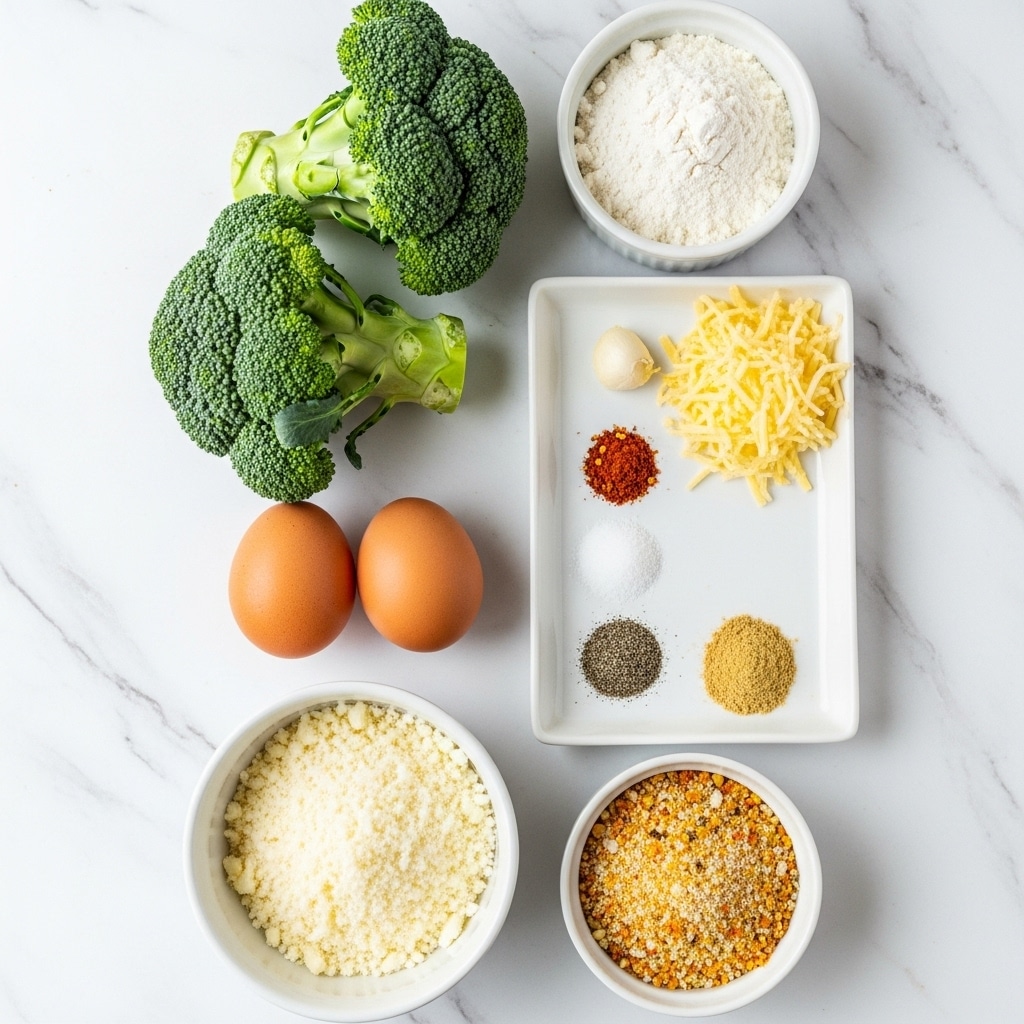 The image shows several ingredients neatly arranged on a white marbled surface. There are two green broccoli heads at the top left. Below them are two brown eggs side by side. To the right of the broccoli and eggs, there are five small white bowls: the top one filled with white flour, the second with shredded yellow cheese, the third holding four different spices spaced apart (red chili flakes, salt, black pepper, and ground ginger), the fourth bowl at the bottom left contains grated white cheese, and the fifth bowl at the bottom right holds what looks like a mix of orange and yellow crumbs or seasoning. The scene is bright and clear, giving a fresh and organized feel. Photo taken with an iphone --ar 4:5 --v 7