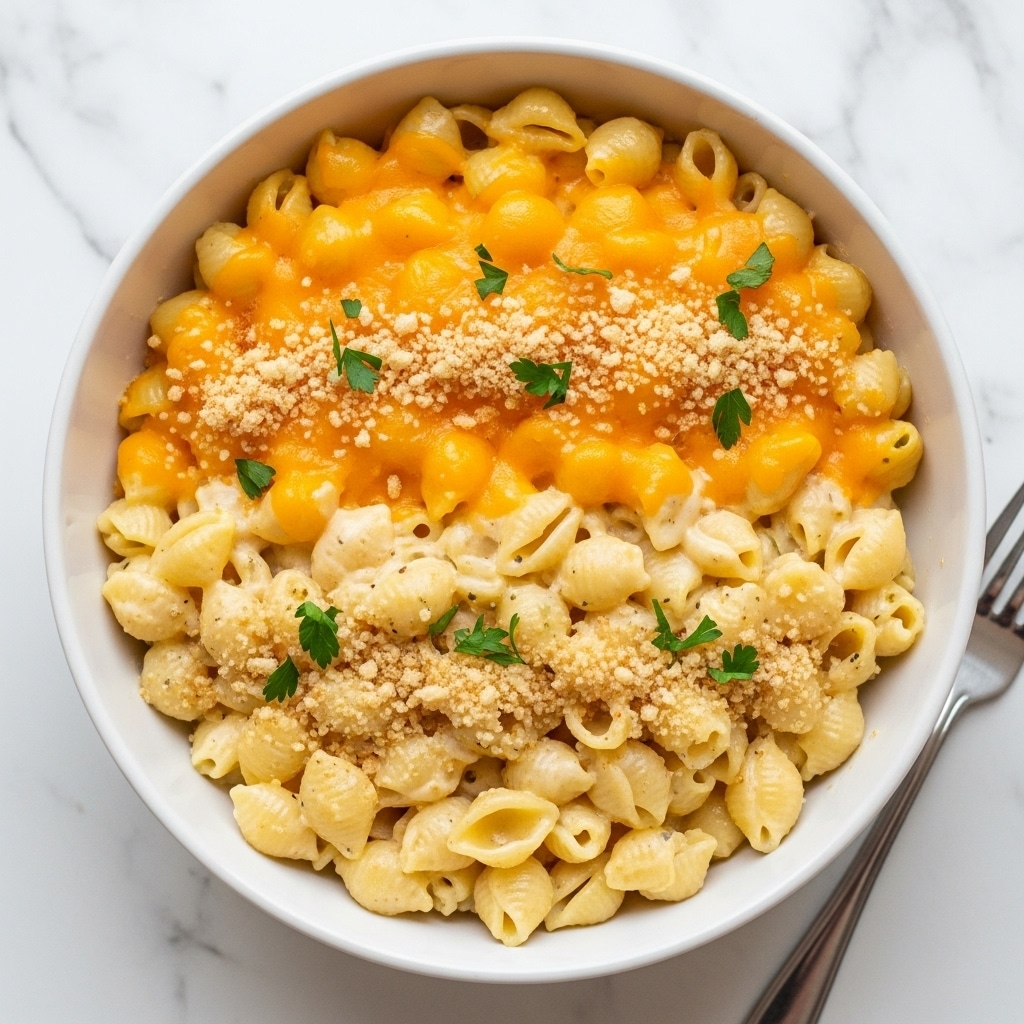 A large square white baking dish filled with a creamy macaroni and cheese casserole. The top layer is bright golden melted cheese with small, evenly spread green parsley bits that add a fresh color contrast. There are also small patches of light brown breadcrumbs sprinkled across the melted cheese, adding texture. The macaroni underneath is covered fully by the cheese, with the curled pasta shapes slightly visible. The dish sits on a white marbled surface. Photo taken with an iphone --ar 4:5 --v 7