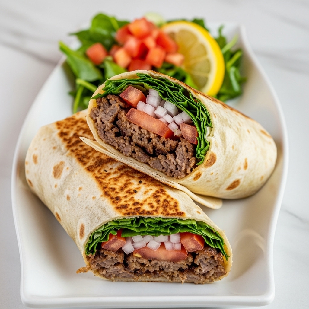 The image shows a flat, round flatbread laid open on a light wood cutting board with subtle grain textures, resting on a white marbled surface. On the flatbread, from left to right, there is a row of bright red tomato slices with a juicy texture, followed by small chunks of browned meat with a slightly crispy, uneven surface. To the right of the meat, there are thin rings of white onion and a generous pile of chopped fresh green parsley, all sprinkled lightly with dark red spices. The flatbread itself is light golden brown with darker toasted spots, showing a soft and slightly puffy texture. Photo taken with an iphone --ar 4:5 --v 7