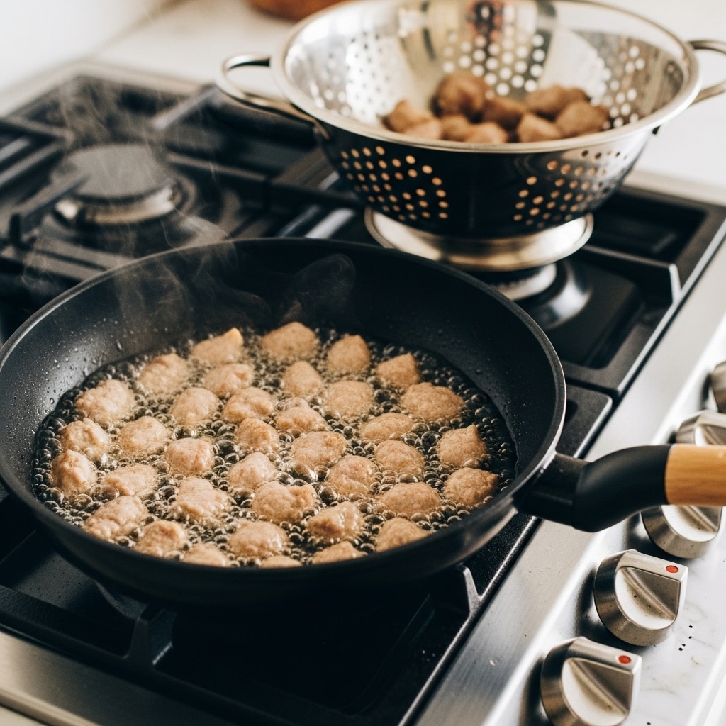 A black frying pan with light-brown small pieces of meat cooking in hot oil, showing bubbles and a bit of steam. The pan handle is black with a wooden grip. In the background, there is a metal colander with some meat pieces resting inside, all on a stove with shiny silver knobs and a white marbled surface. The lighting is warm and natural, highlighting the texture of the meat and the pan. photo taken with an iphone --ar 4:5 --v 7