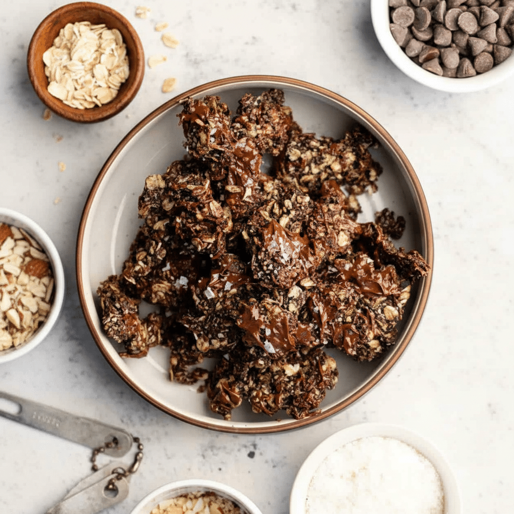 A white bowl filled with clusters of dark brown chocolate granola resting in white milk. Each granola cluster shows a rough texture with visible oats and small nut pieces, some clusters have shiny melted chocolate melted on top.The setting includes a white marbled surface with parts of other bowls and containers containing more granola and milk visible at the edges. The natural light highlights the glossy chocolate and oat textures clearly photo taken with an iphone --ar 4:5 --v 7