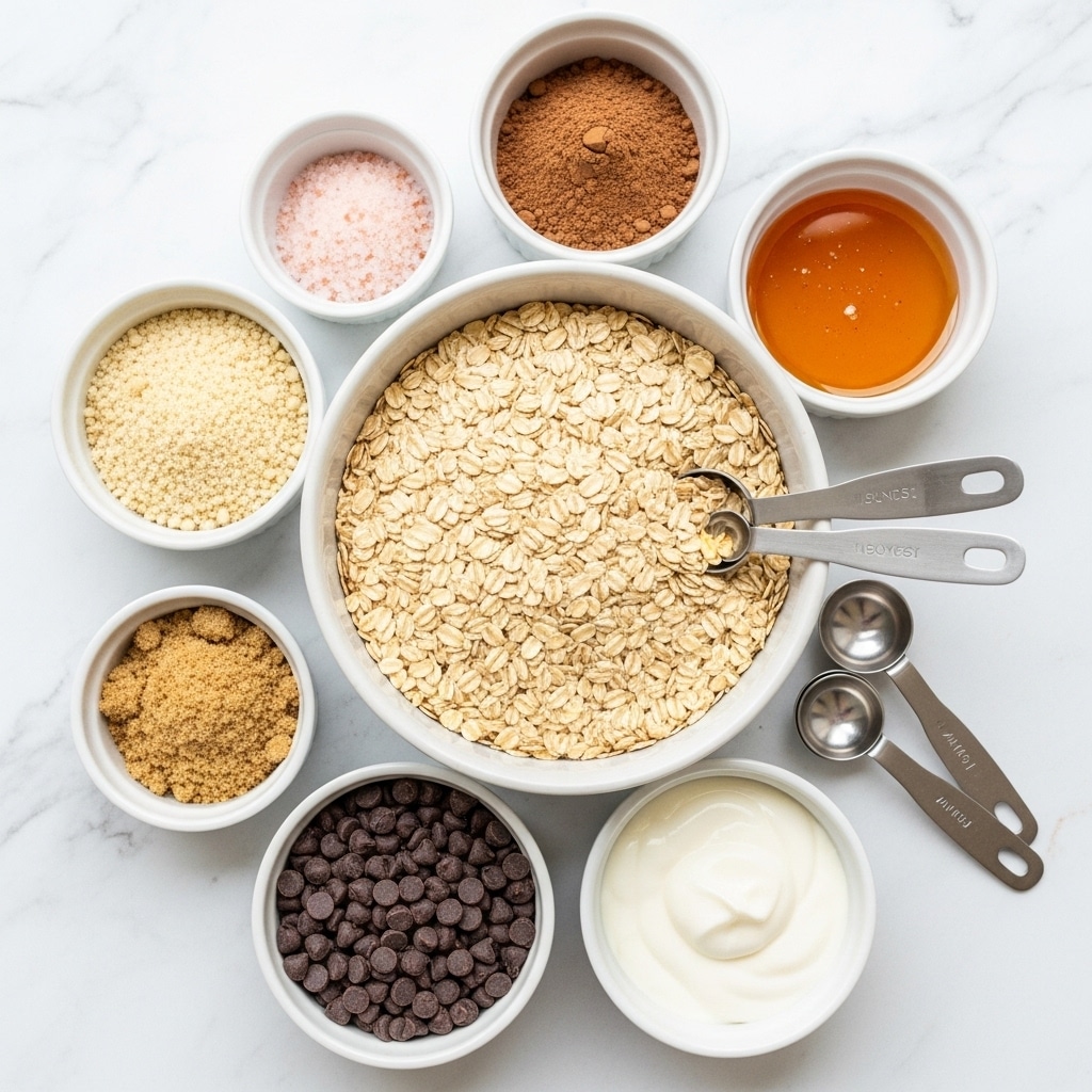 The image shows eight bowls arranged on a white marbled surface, each with a different baking ingredient. The largest bowl in the center is filled with light beige rolled oats, with three metal measuring spoons placed on the right edge. Surrounding this bowl are smaller white bowls: one with dark brown chocolate chips at the bottom left, another with a white creamy substance at the bottom right, a bowl with golden liquid honey at the top right, a bowl with light to medium brown powder (cocoa) near the top center, a bowl with cream-colored finely ground nuts on the left, a small bowl with pinkish salt at the top left, and another small bowl with light brown powder (brown sugar) at the lower left. The image is bright and clear, arranged neatly with good lighting, photo taken with an iphone --ar 4:5 --v 7