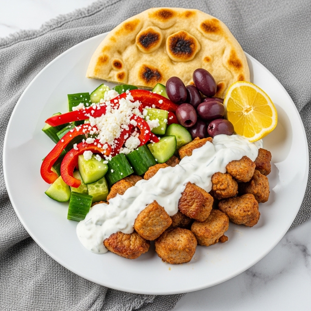A white plate with many layers starts with a large pile of golden-brown cooked chicken pieces on the right side. Above the chicken, there is a white bowl filled with bright green diced cucumbers. To the left of the chicken is a serving of sautéed orange and red bell pepper strips, slightly shiny as if cooked with oil. On the bottom left, a white bowl holds thick creamy white sauce with green herbs mixed in, and a silver spoon inside the bowl. Below this, a small white bowl contains small diced red onions. Above the peppers, another white bowl holds shiny dark black olives. Thin lemon slices are placed around the edges of the plate on a white marbled surface below. photo taken with an iphone --ar 4:5 --v 7