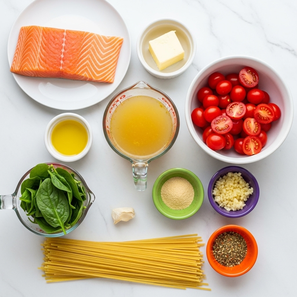 The image shows various cooking ingredients arranged neatly on a white marbled surface. In the top left is a white plate holding a large piece of raw salmon with an orange-pink color and visible white lines of fat. To the right, a small white bowl contains a square of butter, light yellow and soft. Below the butter, a clear measuring cup filled with a pale yellow liquid labeled white wine or chicken broth sits next to a small green bowl holding a light beige powder labeled garlic powder. At the bottom of the image, a bunch of uncooked spaghetti pasta lies horizontally, light beige and smooth. To the left of the pasta, a clear measuring cup filled with fresh, bright green spinach leaves is visible. To the right of the pasta, a full white bowl holds halves of bright red grape tomatoes, juicy and shiny. Below the tomatoes, a small purple bowl contains minced garlic, cream-colored and finely chopped. Next to garlic is a small orange bowl with mixed Italian seasoning, speckled with green and brown herbs. A small white bowl with golden olive oil is near the top left center. The overall setting is bright and clean with all ingredients clearly labeled and spaced apart. Photo taken with an iphone --ar 4:5 --v 7