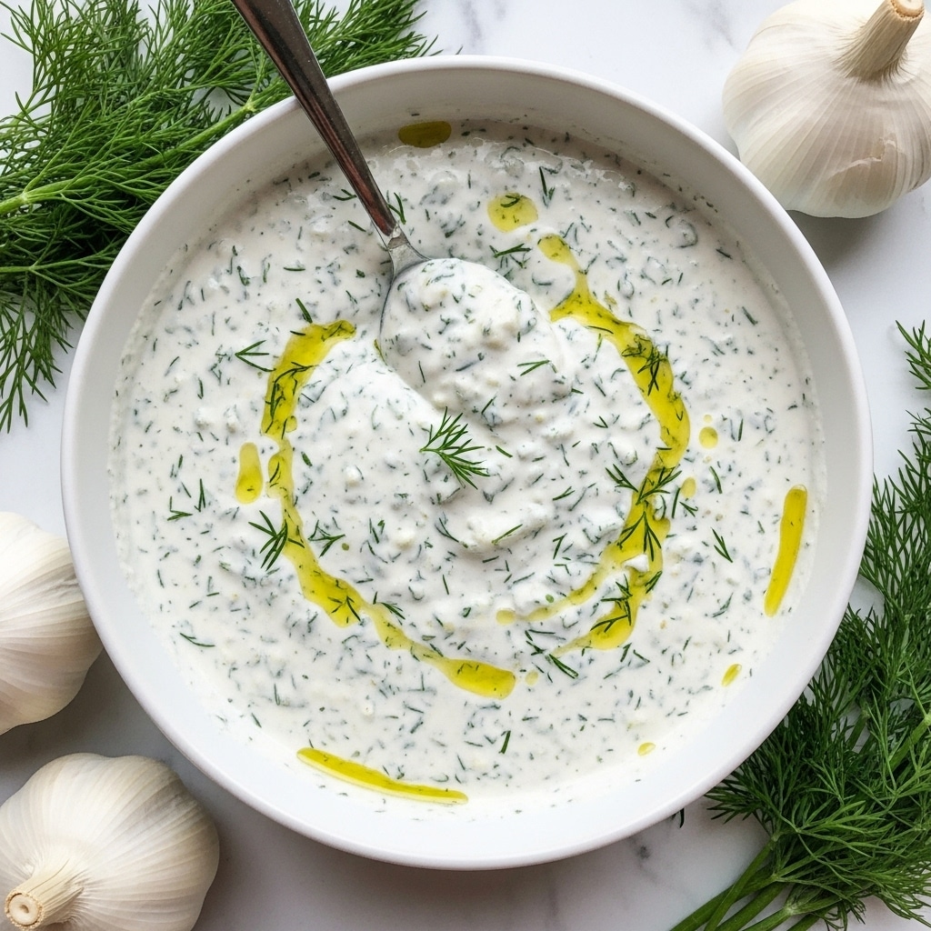 A white bowl filled with a creamy, thick white sauce mixed with small green herb pieces, likely dill, spread evenly throughout the sauce. The texture looks smooth with some small chunks, and there is a light yellow drizzle of oil on top. A silver spoon is partly dipped into the sauce from the upper edge of the bowl. The bowl is placed on a white marbled surface, with fresh green dill sprigs and whole white garlic bulbs arranged around it, adding natural color and texture to the scene. Photo taken with an iphone --ar 4:5 --v 7