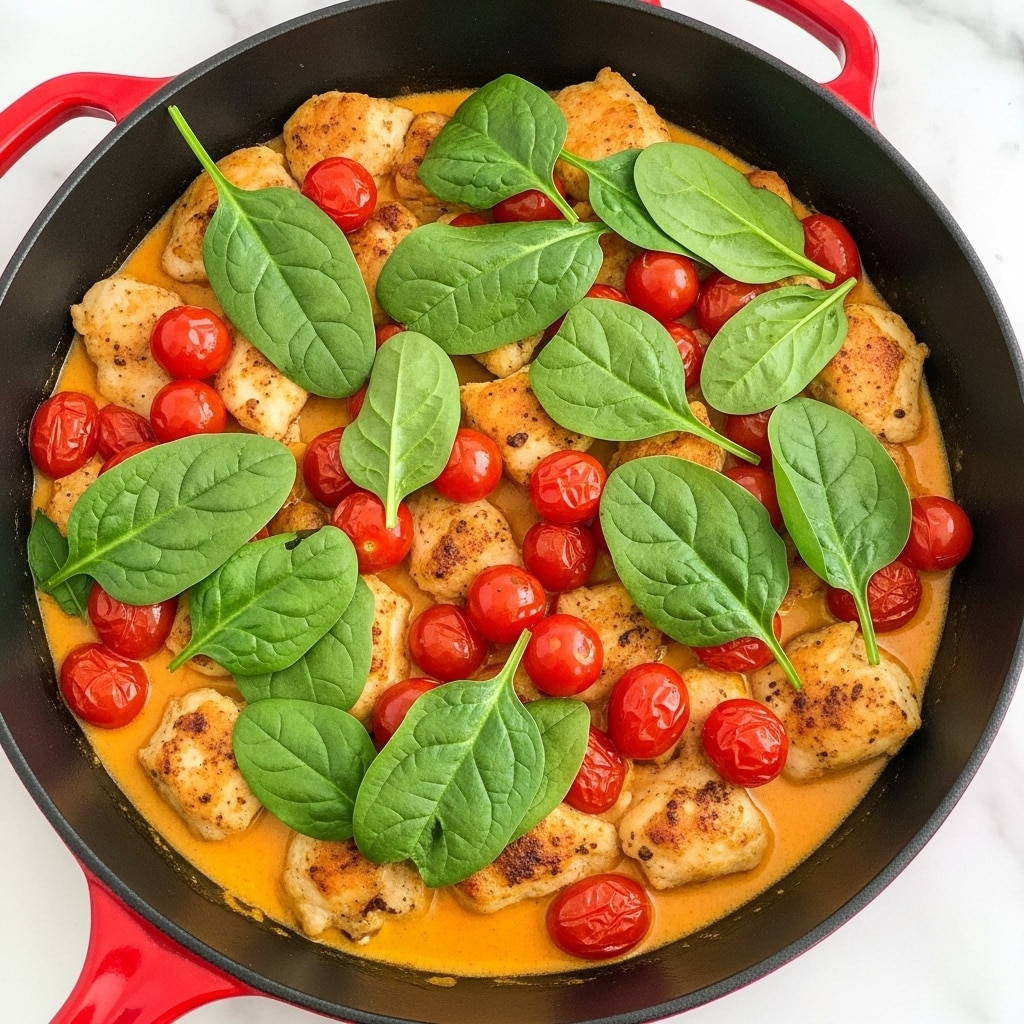 The image shows a red cast iron pan filled with a colorful dish. The base layer consists of cooked, golden brown pieces of chicken spread evenly throughout the pan. Intermixed are bright red cherry tomatoes, halved and slightly softened, scattered between the chicken pieces. Fresh, vibrant green spinach leaves are layered on top, some wilted and blending into the dish, others more whole and textured, adding depth. The dish is coated in a light creamy orange sauce that pools at the bottom, giving the ingredients a glossy look. The pan rests on a white marbled surface. Photo taken with an iphone --ar 4:5 --v 7