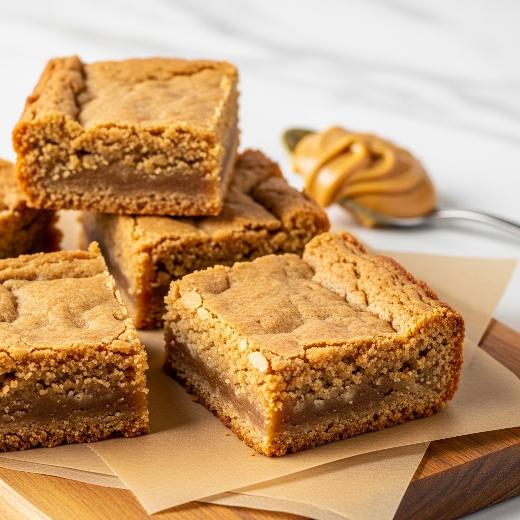 The image shows eight square pieces of blondies arranged in two rows, each blondie with a slightly golden brown top layer that looks soft and lightly cracked with a chewy texture. The color is light golden beige with subtle darker edges that create a toasted effect. The blondies are placed on a sheet of beige parchment paper, with some small crumbs scattered around them. The bottom layer of the blondies is slightly thicker and firmer, supporting the soft upper layer. The background is a white marbled texture and a white cloth with a zigzag black edge is visible at the lower right corner. photo taken with an iphone --ar 4:5 --v 7