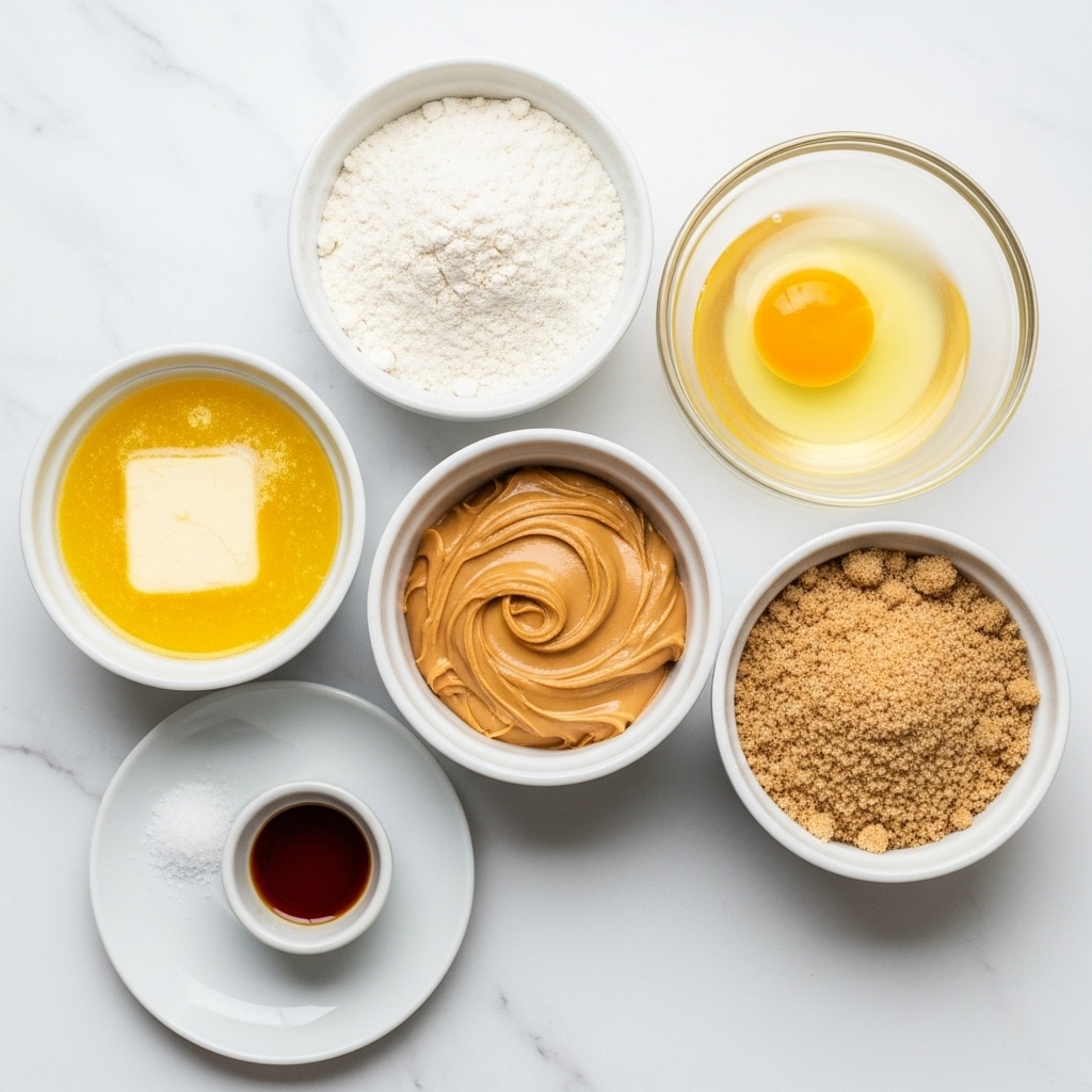 The image shows six small white bowls arranged on a white marbled surface, each holding a different ingredient for baking. At the top center, there is a bowl filled with white all-purpose flour, with a soft powdery texture. To the right of it is a clear glass bowl containing a raw egg with a visible yellow yolk and clear white. Below the flour, on the left, is a white bowl with melted unsalted butter, yellow and smooth in texture. In the center below the flour bowl is a white bowl with creamy, light brown peanut butter, glossy and swirled on top. At the bottom right is another white bowl filled with light brown sugar, showing a moist, grainy texture. Lastly, a small white plate at the bottom left holds a small amount of salt and a tiny ceramic cup filled with dark brown vanilla extract. The layout is neat and evenly spaced, lit softly with natural light. Photo taken with an iphone --ar 4:5 --v 7