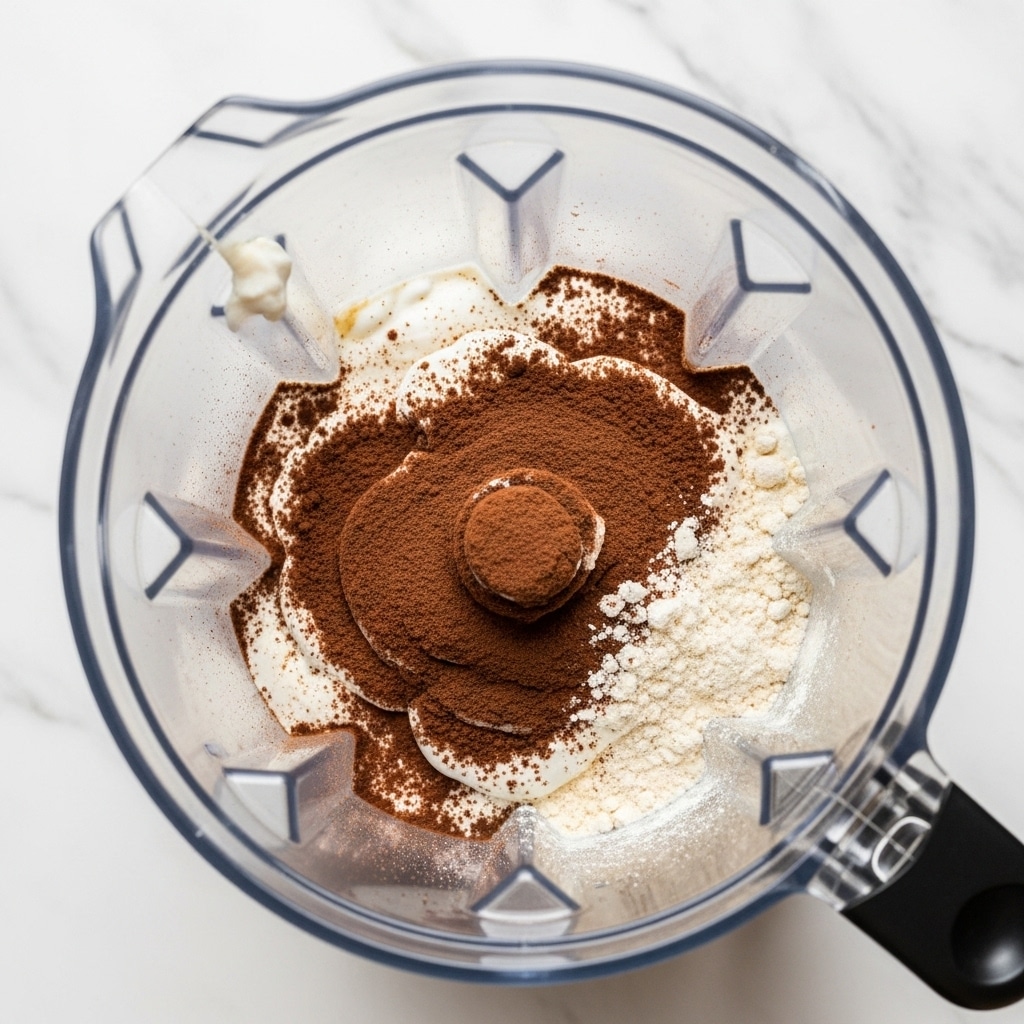 A clear blender container is shown from above, placed on a white marbled surface. Inside the blender, there are multiple layers of ingredients: a base of thick white creamy texture, topped with dark brown powder scattered unevenly, and some lighter brown powder sprinkled over the edges. The blender container has geometric ridges inside, giving structure to the scene. The light is soft and even, with minimal shadows. photo taken with an iphone --ar 4:5 --v 7