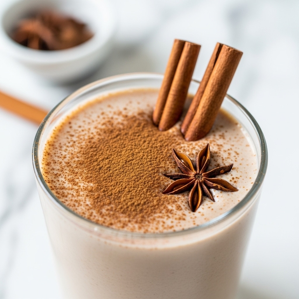 A clear glass filled with a thick, light brown creamy drink topped with a dusting of fine cinnamon powder. Two cinnamon sticks and a star anise are placed on top, slightly sinking into the drink. The background shows a blurred white marbled surface with a small white bowl holding spices. The image is close-up and detailed, focusing on the texture and color of the drink and spices, photo taken with an iphone --ar 4:5 --v 7