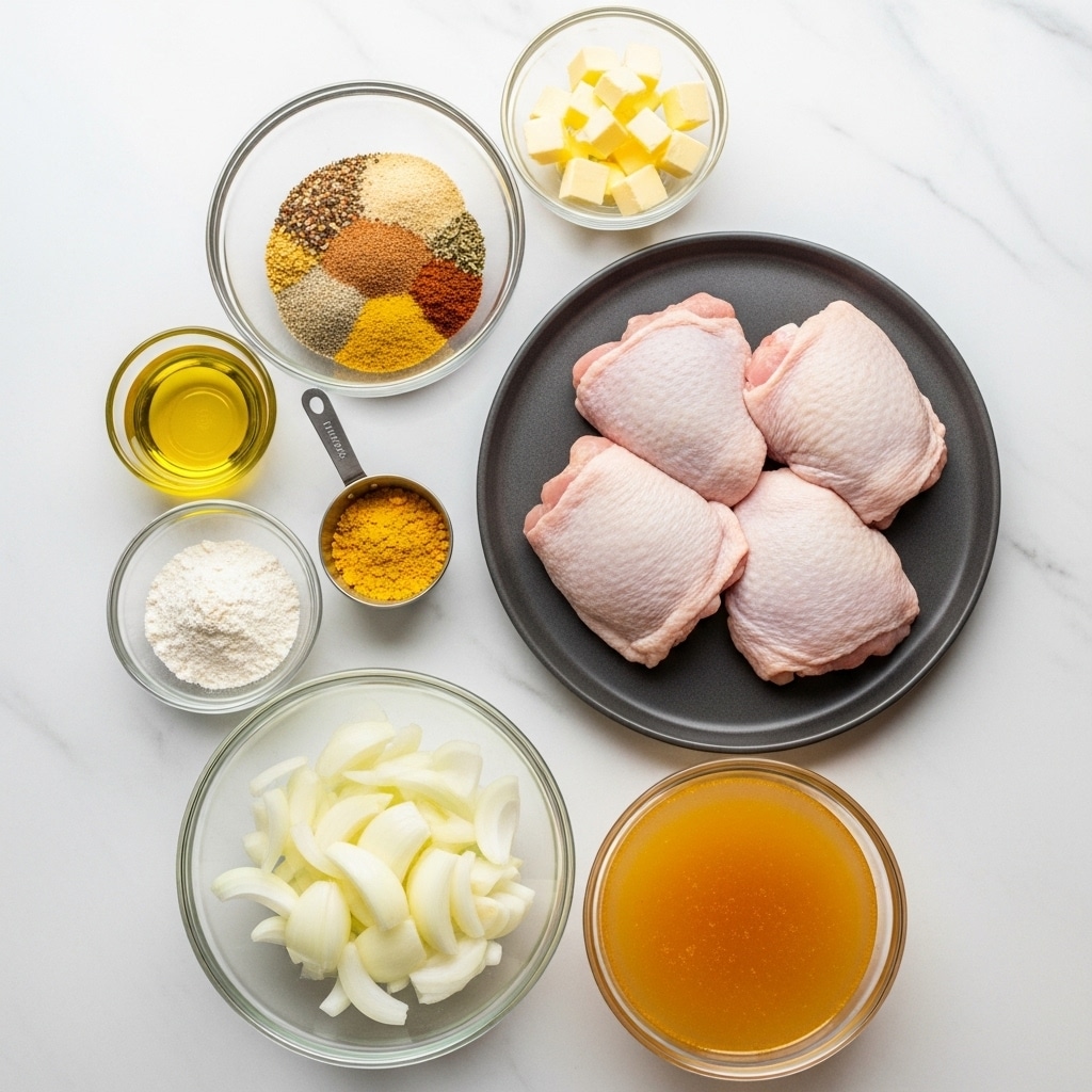 The image shows several bowls and a plate on a white marbled surface, each containing different ingredients for a meal. At the center bottom is a clear glass bowl with white sliced onion pieces. To its right is another clear glass bowl filled with orange-yellow broth. Above the onion, there is a small glass bowl with white flour and next to it a small metal cup with yellow bouillon powder. To the left top of the flour, there is a small glass cup filled with clear oil. Above that, there is a medium clear glass bowl with mixed dry seasonings in different brown and yellow shades. In the center right is a large round dark gray plate holding three raw chicken thighs with pale pink skin. On the top right of the bowls and plate, a medium clear glass bowl contains pale yellow butter cubes. The photo taken with an iphone --ar 4:5 --v 7