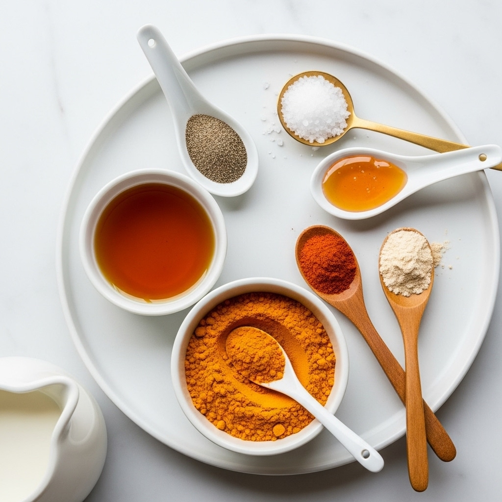 A white round plate on a white marbled surface holds six different spices and ingredients arranged neatly. In the center bottom, there is a small white bowl filled with bright orange turmeric powder with a white spoon inside. To the left top of the turmeric bowl, there is a small white bowl containing a deep amber liquid. Above the turmeric bowl, a white ceramic spoon holds ground black pepper. To the right top, a brass spoon contains coarse sea salt, and next to it on the right side, another white spoon holds a small amount of golden honey. On the bottom right, two wooden spoons rest on the plate; one holds a reddish-brown powder, and the other a light beige powder. Part of a white pitcher filled with a white liquid is seen on the bottom left corner. The scene is brightly lit with soft shadows, photo taken with an iphone --ar 4:5 --v 7