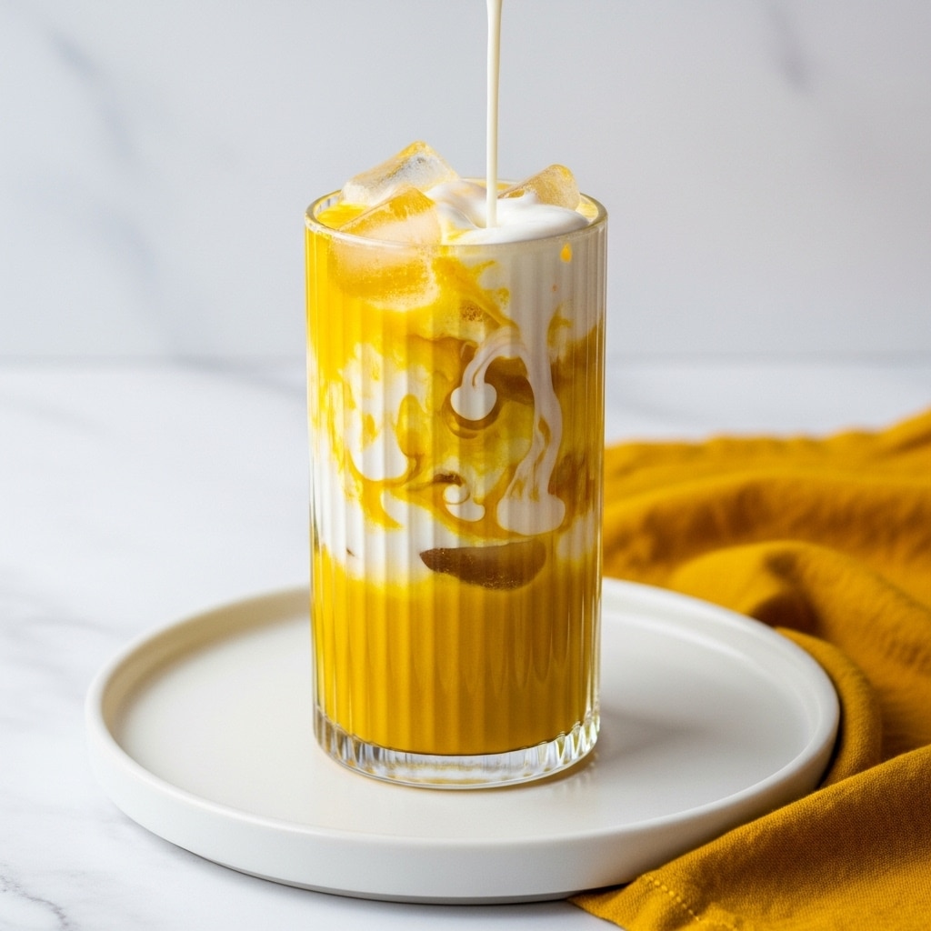 A tall, clear glass with vertical ridges is filled with three visible layers: the bottom layer is bright yellow turmeric liquid, the middle layer is a mix of yellow and white creamy swirls, and the top layer is white foam with some ice cubes beneath. White liquid is being poured from above, blending into the top half, creating soft waves of mixed color. The glass sits on a round white plate, all placed on a white marbled surface with a mustard-yellow cloth beside it. photo taken with an iphone --ar 4:5 --v 7