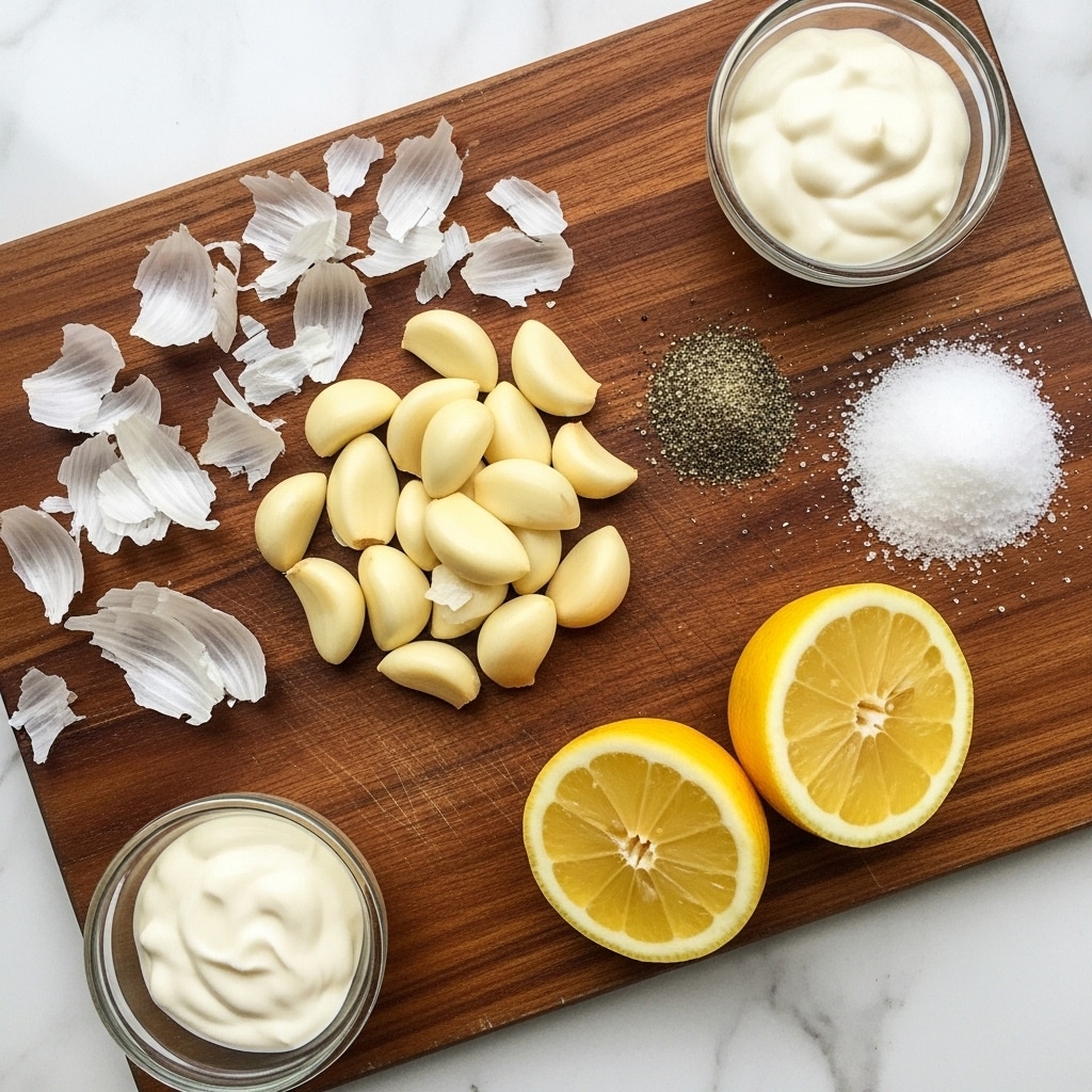 A wooden board holds several cooking ingredients arranged in a casual manner. At the center, there are peeled garlic cloves with scattered garlic skins around them. To the right of the garlic, there are small piles of black pepper and white salt. Two halves of a bright yellow lemon are placed near the bottom right corner. Two small clear glass bowls filled with white creamy sauce are positioned on the top right and bottom left edges of the board. The wooden board sits on a white marbled surface. photo taken with an iphone --ar 4:5 --v 7