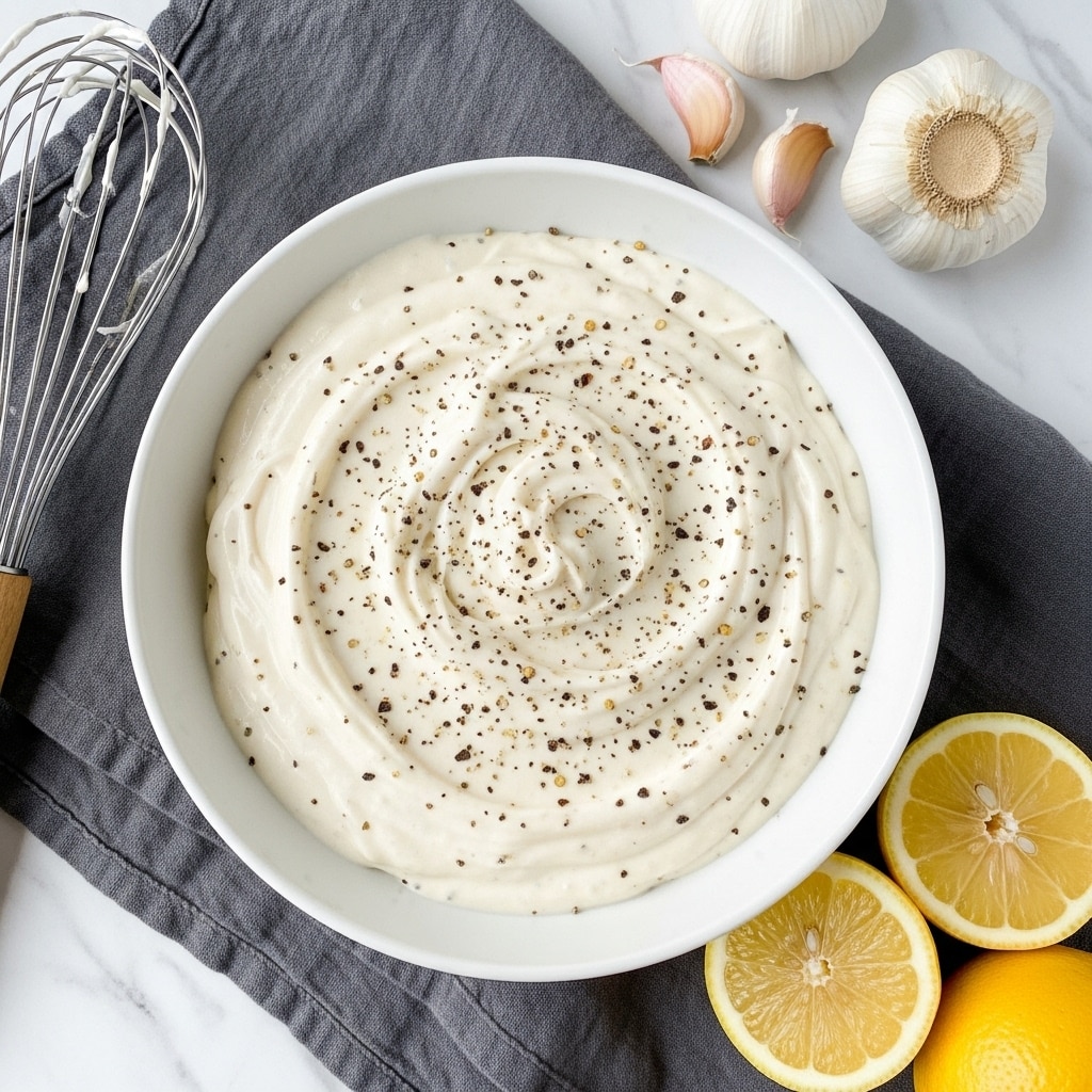 A white round bowl filled with a thick, creamy white sauce that has small black pepper flakes spread evenly on top, creating a speckled effect. The sauce has a smooth, slightly swirled texture. The bowl sits on a gray fabric cloth on a white marbled surface. To the left of the bowl is a whisk with a wooden handle partially visible. On the top right, there are some garlic cloves and a garlic bulb, and on the bottom right, two halves of a lemon and one whole lemon are placed close by. photo taken with an iphone --ar 4:5 --v 7