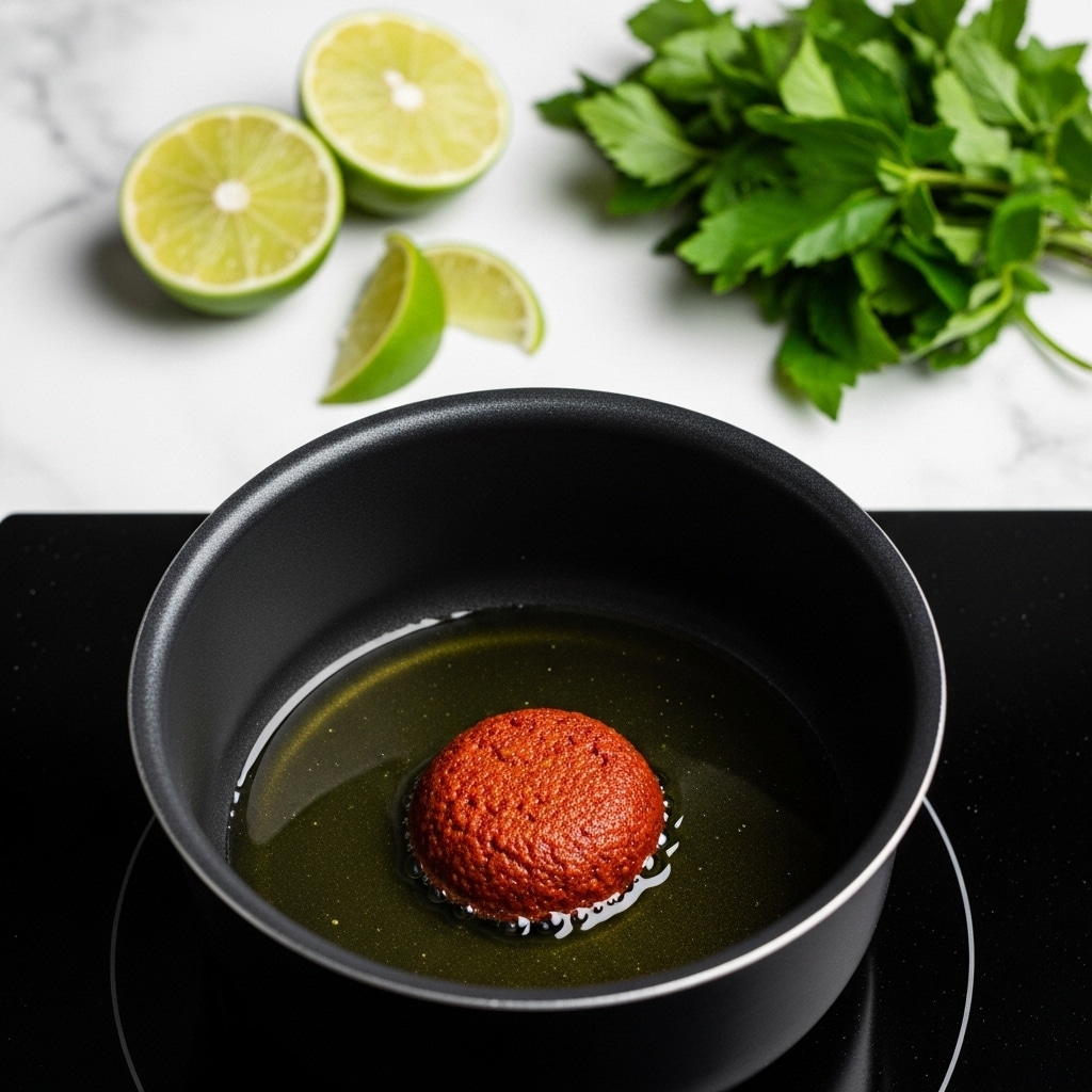 A close-up view of a single black pot on a black stove with a small round red paste dollop sitting in cooking oil at the center of the pot. Behind the pot, on a white marbled surface, there are three lime pieces: one whole cut half showing green flesh and two small lime wedges. Next to the lime, there is a bunch of fresh green leafy herbs. The colors are rich with the oil shining slightly in the pot. photo taken with an iphone --ar 4:5 --v 7