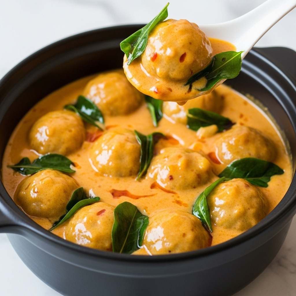 A close-up view of a black pot filled with several round dumplings that have a ridged pattern on top, immersed in a thick orange-yellow sauce with a smooth and slightly oily texture. The sauce has small red specks and green leafy herbs scattered throughout. A white spoon is holding one dumpling above the pot, showing its glossy surface and the sauce coating it, along with some green leaves surrounding the dumpling. The pot is set against a white marbled surface. photo taken with an iphone --ar 4:5 --v 7