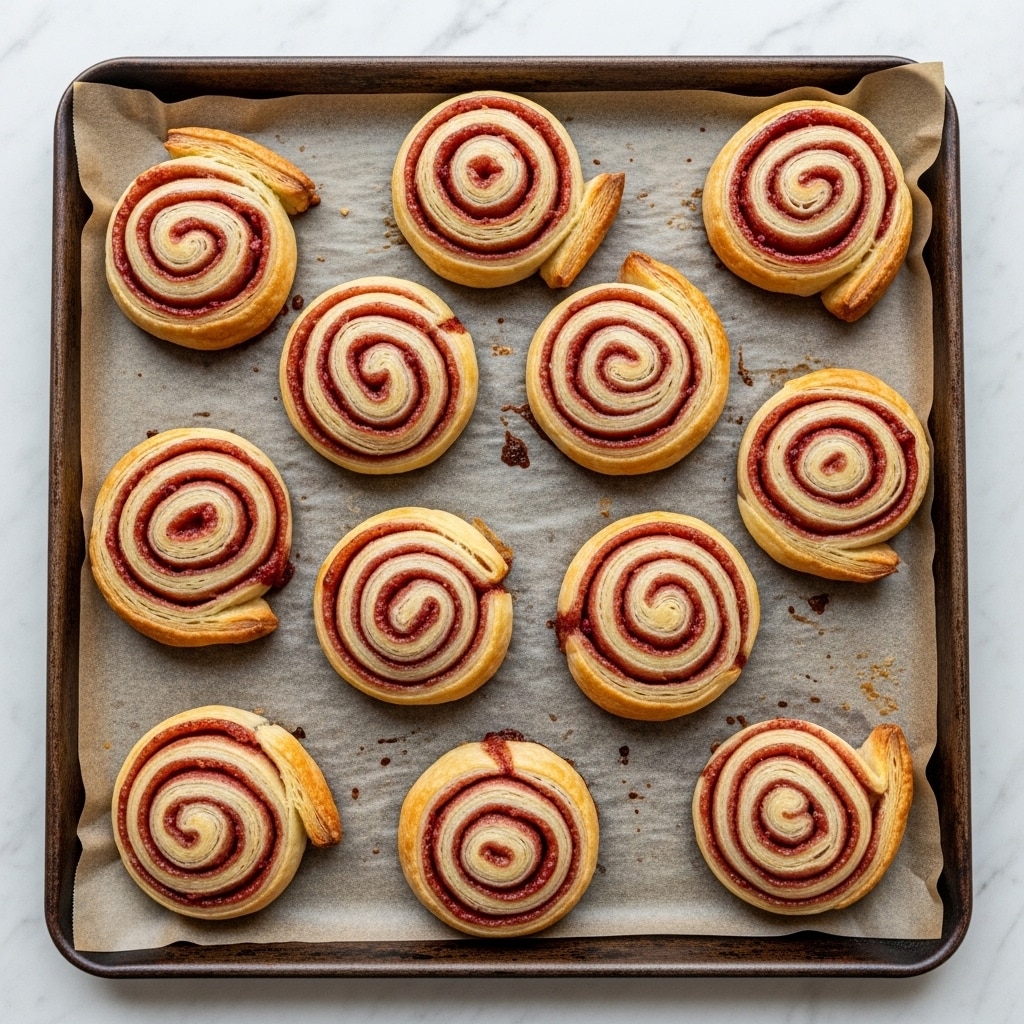 The image shows a dark brown baking tray lined with light brown parchment paper on a white marbled surface. There are nine baked spiral pastries arranged somewhat randomly on the tray. Each pastry has layered swirls of golden-brown flaky dough with a reddish-pink filling visible between the layers, some with darker spots indicating baking caramelization. The pastries vary slightly in size and shape, and the edges are crispy and puffed while the centers are compact with visible layers. The scene is well-lit, highlighting the texture and color contrast of the pastries and the rustic tray photo taken with an iphone --ar 4:5 --v 7