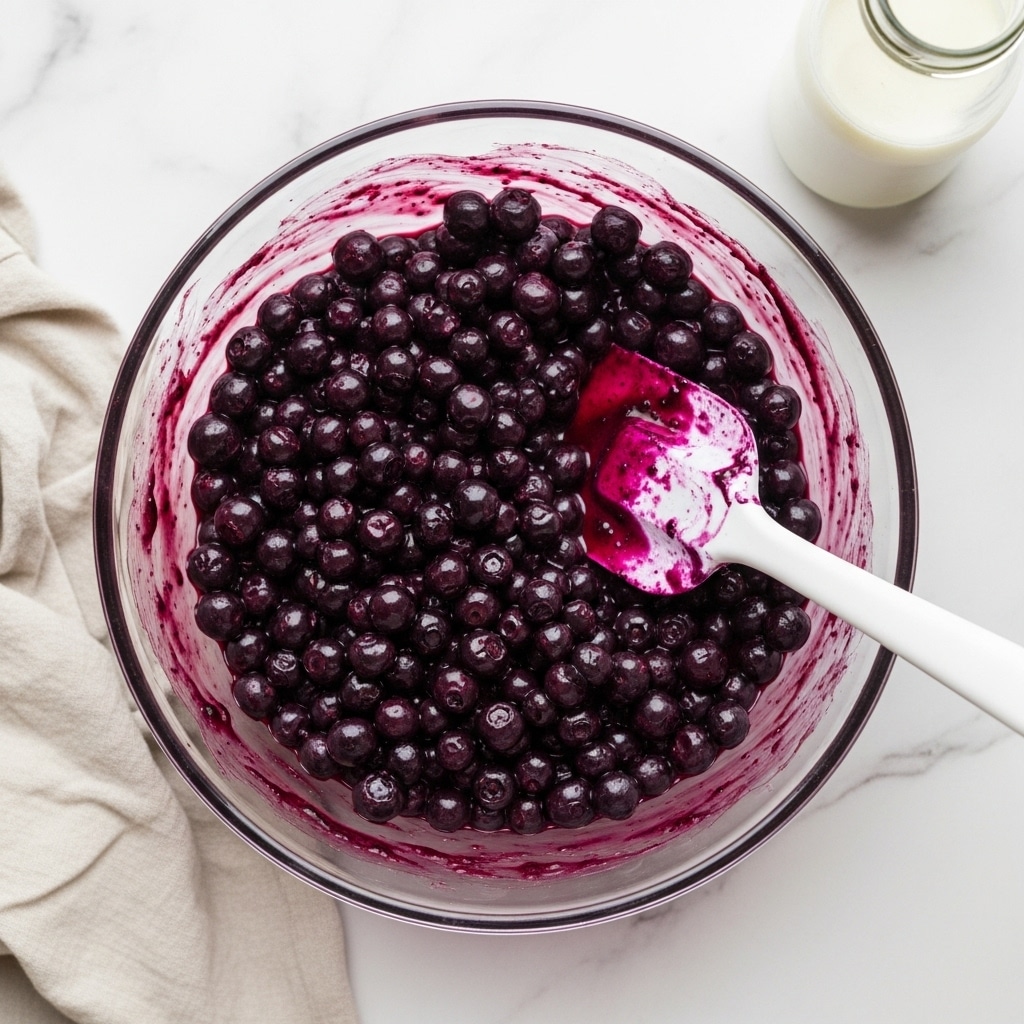 A clear glass bowl filled with shiny, dark purple blueberries that are coated in a thick purple sauce. The blueberries are mixed evenly and look fresh and juicy. A white spatula with purple stains rests inside the bowl on the right side. The bowl is placed on a white marbled surface with a light-colored cloth and a clear milk bottle nearby. Photo taken with an iphone --ar 4:5 --v 7