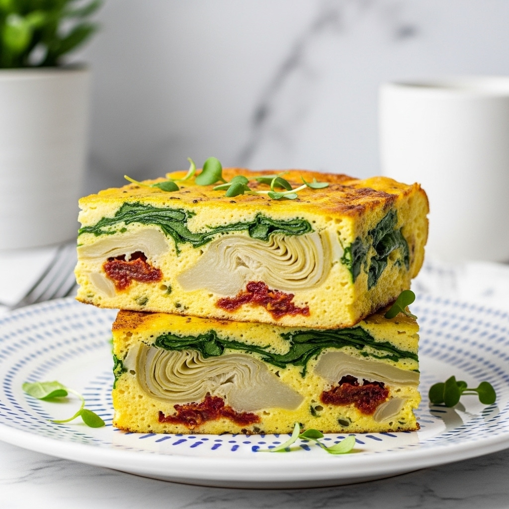 Two thick yellow egg frittata squares are stacked on a white plate with blue patterns. The frittata has visible layers filled with green spinach leaves, soft white artichoke pieces, reddish small bits of sun-dried tomatoes, and some melted cheese. Small green herbs are sprinkled on top and around the plate. The background has a white marbled texture with a blurred white coffee mug and a plant pot. A fork is slightly visible on the left side. photo taken with an iphone --ar 4:5 --v 7