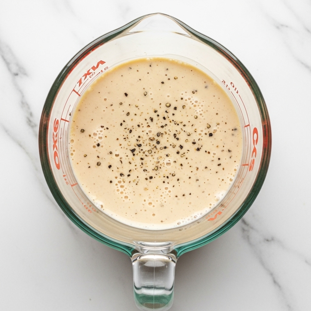 A clear glass measuring cup filled halfway with creamy, light beige sauce with small black pepper specks scattered on its smooth surface, placed on a white marbled texture. The top view shows the round shape of the cup with a handle and a pouring spout visible at the bottom of the image. The sauce appears thick and even in color with some tiny bubbles and texture variations on the surface. photo taken with an iphone --ar 4:5 --v 7