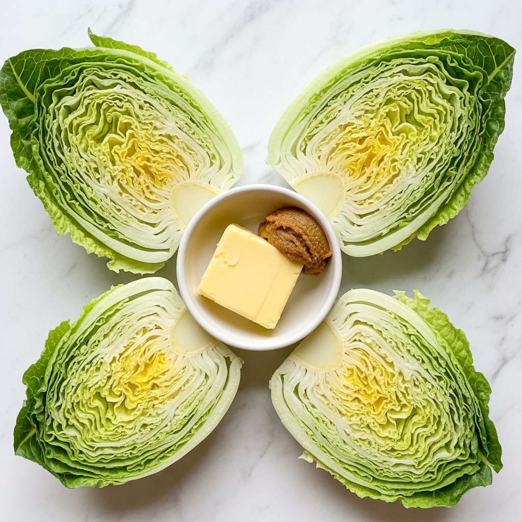 The image shows four pieces of pale green lettuce wedges placed on a white marbled surface. Each wedge reveals crisp, tightly packed leaves with a light green to yellow color inside and fresh green outer leaves. In the center of the arrangement is a small white bowl containing a solid block of pale yellow butter and a small brown paste, possibly a condiment. The colors are fresh and natural, with a clean and simple presentation. Photo taken with an iphone --ar 4:5 --v 7