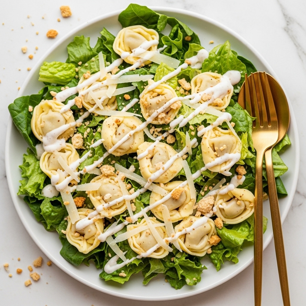 A clear glass bowl holds a three-layered dish sitting on a white marbled surface. The bottom layer is fresh green lettuce with leafy textures in varied shades of green. Above it, there is a layer of yellow tortellini pasta, each piece smooth and shaped like small filled pouches. The top layer is sprinkled with thin, off-white sheets of cheese and small specks of black pepper, adding slight texture contrast against the pasta. The overall look is fresh and light with a mix of soft and crisp textures. photo taken with an iphone --ar 4:5 --v 7