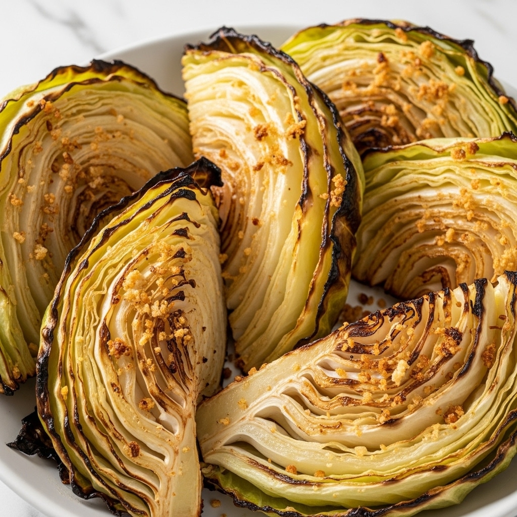 The image shows wedges of roasted cabbage, each wedge having multiple layers of browned, slightly crispy leaves with charred edges. The cabbage wedges are topped with small golden breadcrumb-like bits that add a crunchy texture. The wedges are placed close together in a white dish on a white marbled surface, giving a warm and rustic feel. The cabbage layers range in color from pale yellow to light brown, showing a cooked and caramelized texture. Photo taken with an iphone --ar 4:5 --v 7