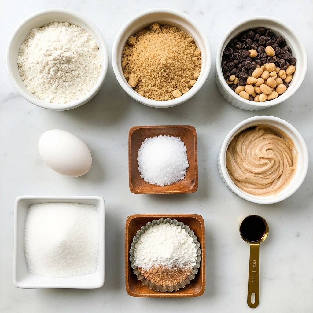 The image shows a top view of eight small containers with baking ingredients arranged on a white marbled surface. At the top left is a white bowl filled with light off-white flour. To its right is another white bowl filled with light brown sugar. Below the flour is a single white egg placed directly on the surface. Slightly to the right of the egg is a white bowl containing a mix of small dark brown chocolate pieces and light tan nuts. To the right of this bowl is a white ramekin with a light brown, swirled mixture inside. Near the bottom left is a square white dish filled with fine white sugar. To the right of it is a small wooden bowl with coarse white salt. Below these dishes is a small metal tart mold holding a blend of white and light brown powders. Lastly, at the bottom right is a gold-colored measuring spoon containing a dark liquid, likely vanilla extract. The overall scene is bright and neat, with soft natural light. photo taken with an iphone --ar 4:5 --v 7