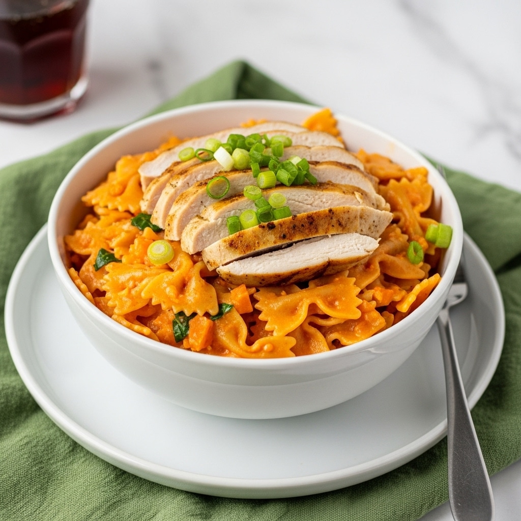 A close-up view of a pan filled with creamy bow-tie pasta mixed with orange and green vegetable pieces, likely carrots and zucchini, coated in a light orange sauce. The pasta is topped with scattered green sliced herbs and dotted with tiny red chili flakes. A wooden spoon is resting inside the pan, lifting some pasta. The pan sits on a white marbled surface. photo taken with an iphone --ar 4:5 --v 7