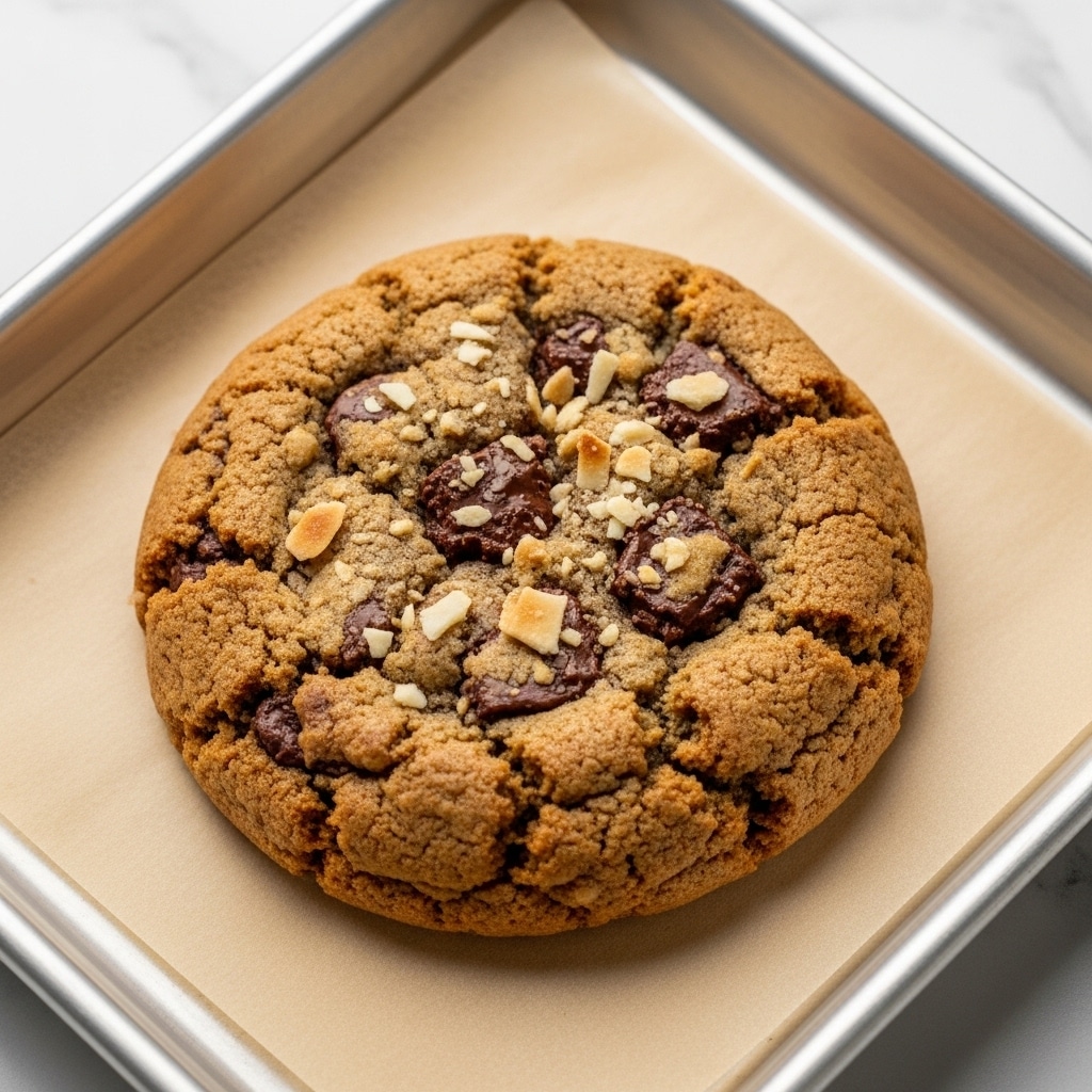 A single round cookie with a golden brown color sits on light brown parchment paper on a metal tray. The cookie has a rough texture with visible chunks of chocolate and small white flakes sprinkled on top. The edges of the cookie are slightly darker and crisp, while the center is softer and more cracked. The background is a white marbled surface. photo taken with an iphone --ar 4:5 --v 7