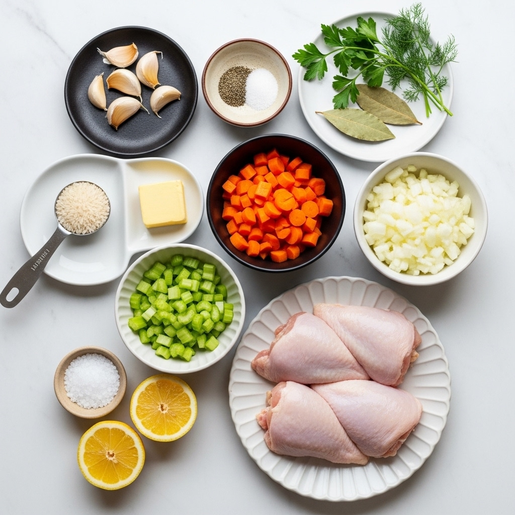 The image shows multiple small white bowls and plates arranged neatly on a white marbled surface, each holding different fresh ingredients. On the bottom right, three raw chicken pieces lie in a white scalloped-edged plate with light pink skin. Above them, a black bowl filled with bright orange diced carrots sits beside a white bowl of finely chopped white onions. To the left of the onions, a fluted white bowl holds bright green diced celery. Near the top right, a white plate holds sprigs of leafy green parsley and dill. Close by, a small round bowl contains two dried bay leaves. At the top center, a small bowl shows coarse black pepper and salt. On the upper left, a dark small plate holds three peeled garlic cloves. A metal measuring spoon filled with white rice rests near the left side, next to a small white plate with a rectangular piece of yellow butter. At the bottom left, two lemon halves lay side by side, showing their bright yellow flesh, with a small bowl of coarse white salt nearby. photo taken with an iphone --ar 4:5 --v 7