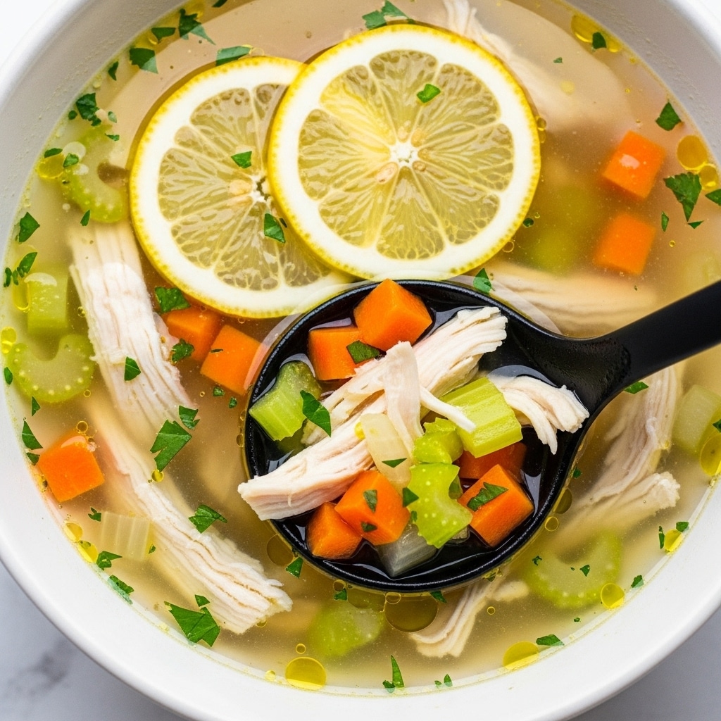 A close-up view of a bowl filled with clear, light yellow soup containing shredded white chicken pieces, small diced bright orange carrots, pale green celery bits, and sprinkled green herbs. Floating on top are two thin slices of lemon with a pale yellow rind and light yellow inside. The soup looks brothy with tiny oil droplets and herbs floating on the surface. A black ladle is partially submerged in the soup, holding a scoop of the ingredients. The bowl sits on a white marbled surface. photo taken with an iphone --ar 4:5 --v 7