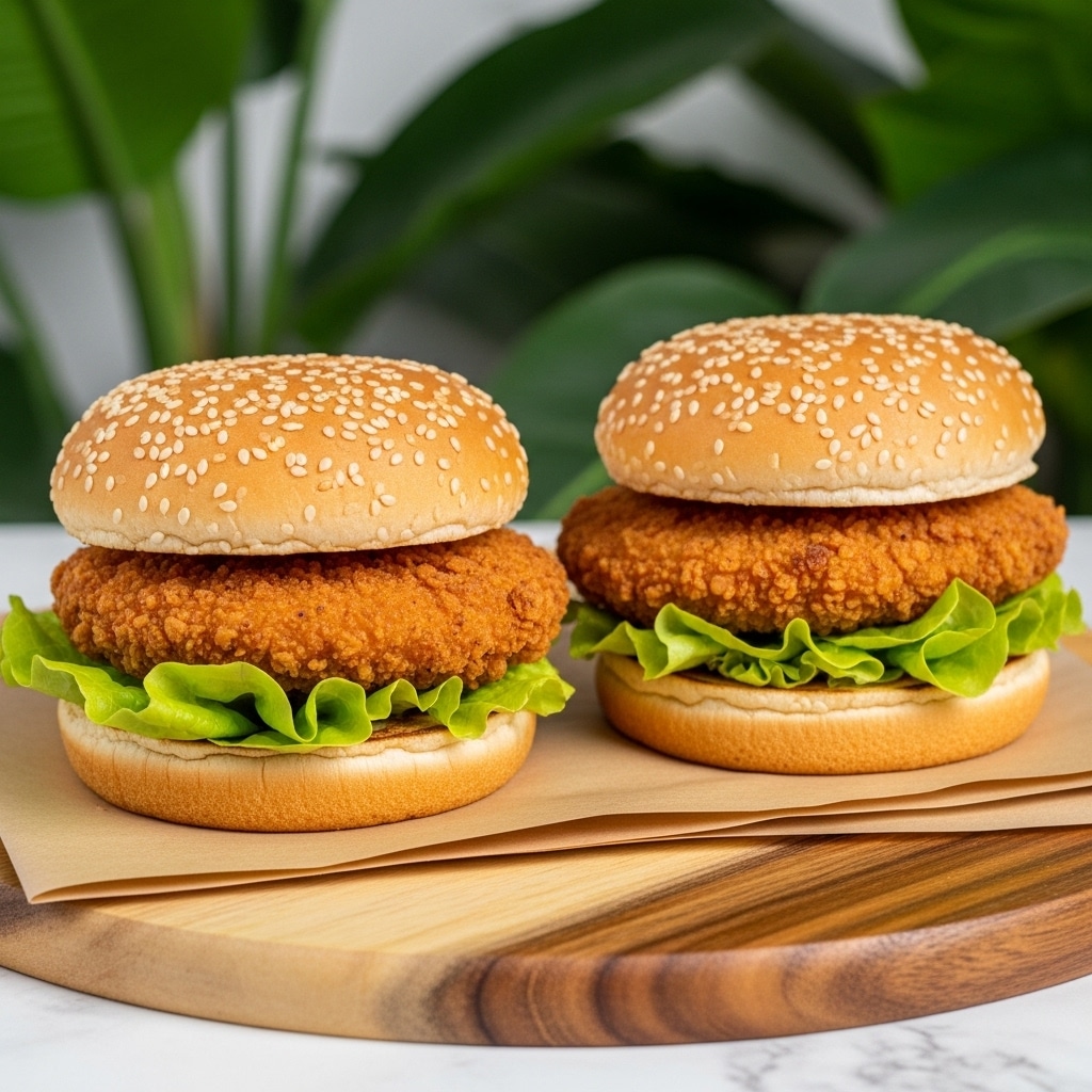 This image shows a close-up of a burger with four clear layers. The bottom bun is golden brown and topped with a creamy sauce spread evenly. Above this is a slice of red tomato partially hidden by bright green, ruffled lettuce leaves. On top of the lettuce lies a thick, crispy fried chicken piece with a crunchy, textured coating in a warm golden color. The whole burger is finished with a shiny, golden brown sesame seed bun top sprinkled with white sesame seeds. The burger sits on brown paper over a wooden board, with a blurred green background behind. Photo taken with an iphone --ar 4:5 --v 7