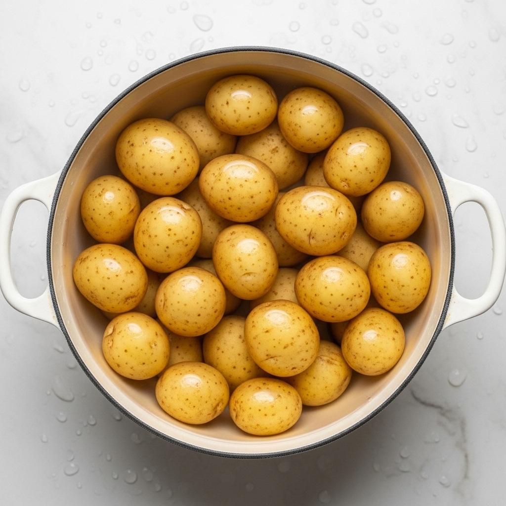 A top view of a white pot filled with many small yellow potatoes covered with clear water. The potatoes have smooth skins with some light brown spots. The pot has two white handles on each side and sits on a white marbled surface. Drops of water are scattered around the pot. Photo taken with an iphone --ar 4:5 --v 7