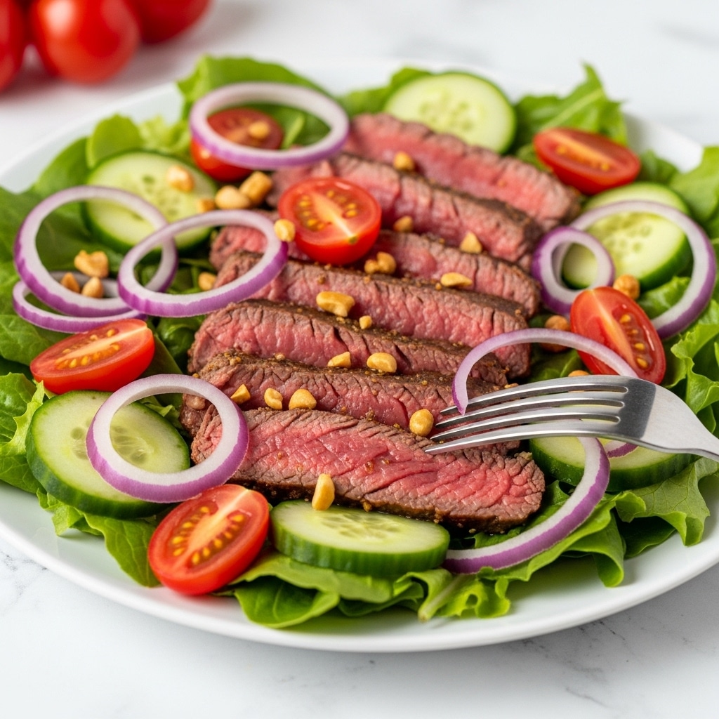 A white plate holds a fresh salad with a base layer of green leafy lettuce. On top, there are slices of medium-rare steak with a brown crust and pink center, scattered with small pieces of chopped nuts. Bright red cherry tomato halves and thin rings of purple-red onion are spread evenly over the salad. Thin sliced green cucumbers fill spaces between the other ingredients. A silver fork is touching the steak, resting on the plate, all set on a white marbled surface with blurred red tomatoes in the background. Photo taken with an iphone --ar 4:5 --v 7