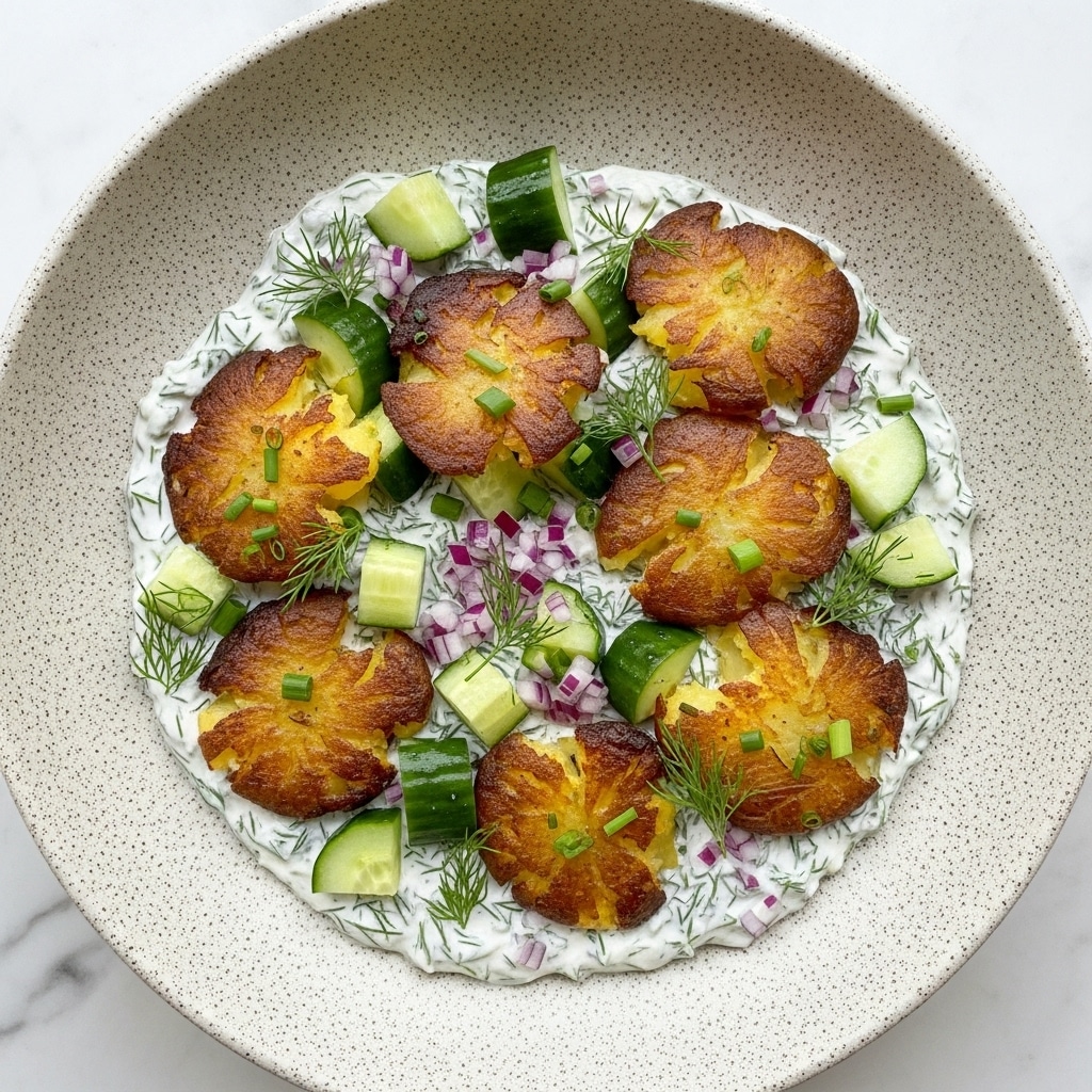 A large beige speckled bowl holds three main layers: the bottom layer is a creamy white sauce with visible green dill and small purple bits, partially covered by the middle layer of golden brown, crispy fried potato slices arranged in a slightly overlapping pattern on the right side, and on the left side a pile of fresh light green cucumber chunks with darker green skin. A white spatula rests inside the bowl on the sauce near the potatoes. Around the bowl, there are three small bowls on a white marbled surface: one at the top left filled with finely chopped green chives, one at the bottom right containing coarse black pepper, and another smaller one with white salt. The overall scene is bright with soft natural lighting. photo taken with an iphone --ar 4:5 --v 7
