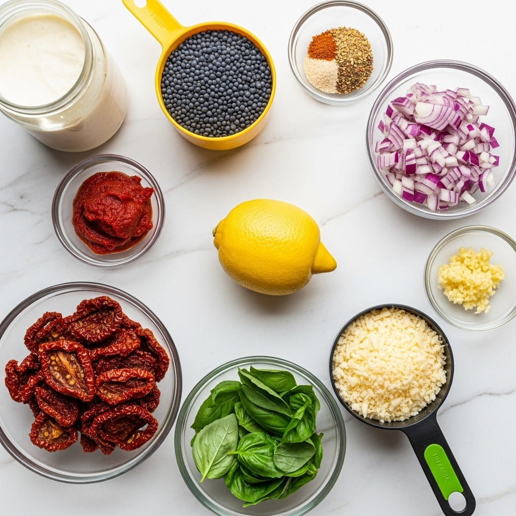 The image shows a top view of several ingredients on a white marbled surface. In the center is a whole lemon. Around it, there is a glass bowl of chopped red onions to the right, a small bowl of mixed dry spices above it, and a small glass bowl of minced garlic below the onions. To the left of the lemon, there is a small glass bowl of thick red tomato paste, and below that, a larger glass bowl filled with sun-dried tomatoes. Above the lemon, a yellow measuring cup is full of black lentils. Below the sun-dried tomatoes is a glass bowl of fresh green basil leaves. To the right side, a black measuring cup with a green handle is filled with grated pale yellow cheese. Finally, in the top left corner, a jar of white creamy sauce is visible. The photo taken with an iphone --ar 4:5 --v 7