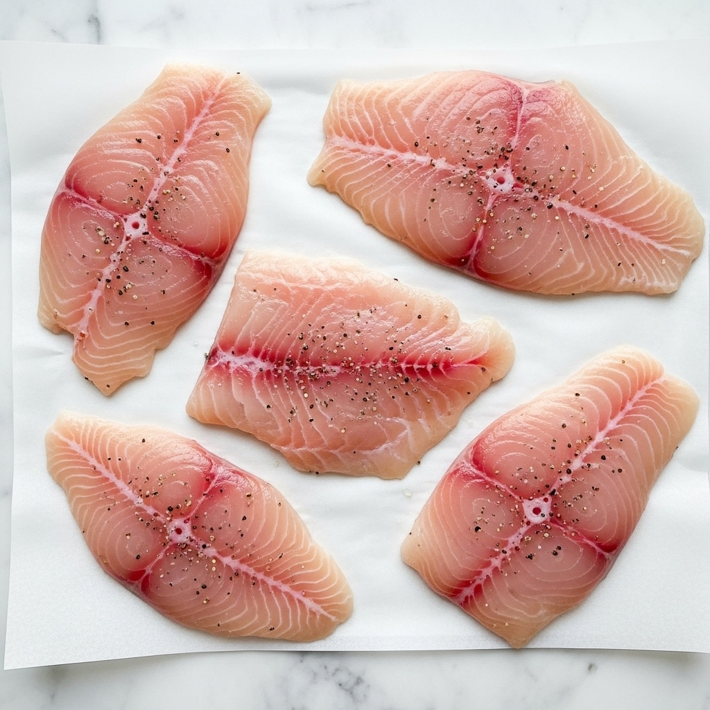 This image shows five pieces of raw, light pink fish fillets arranged on white parchment paper. Each fillet is sprinkled with small black pepper grains, and the texture of the fish looks smooth and moist. The pieces vary in size and shape, lying flat and close together on the paper. The background is a white marbled surface, giving a clean and simple look. Photo taken with an iphone --ar 4:5 --v 7