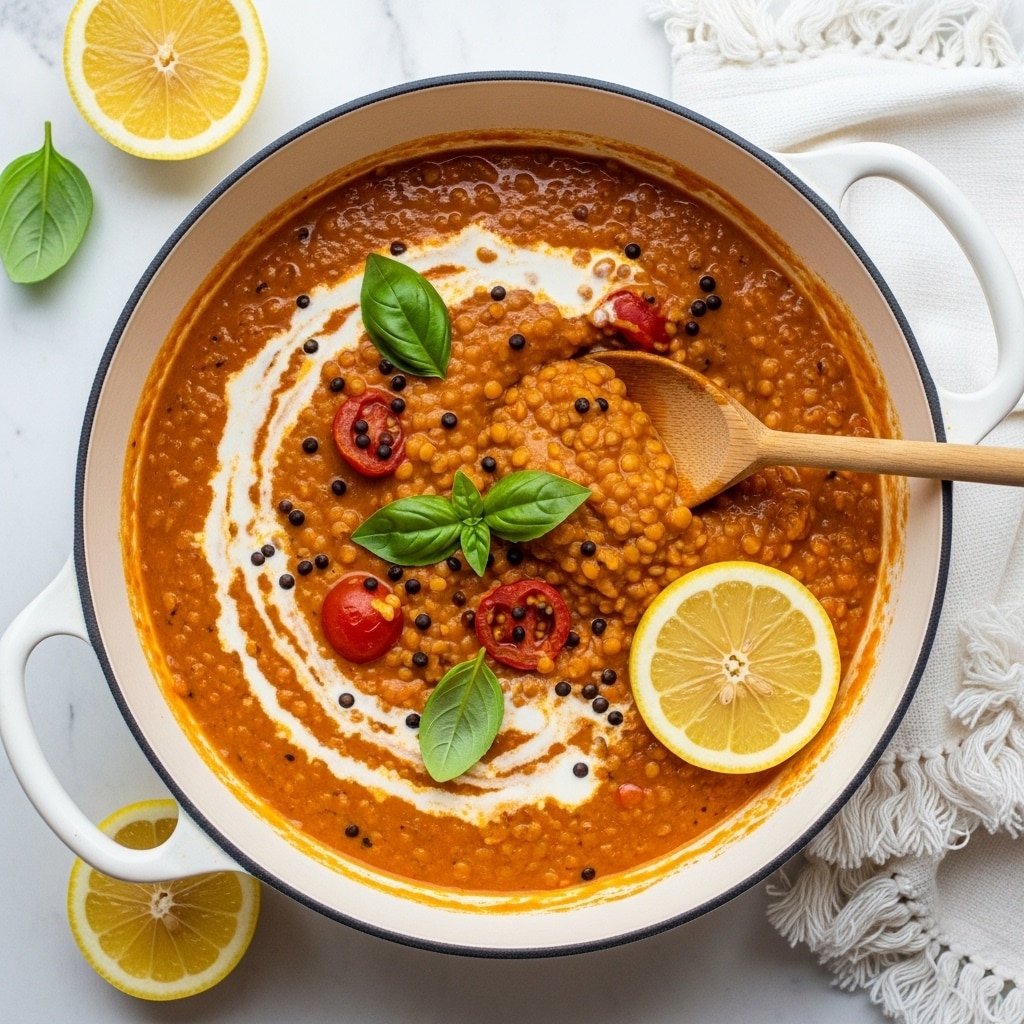 The image shows a white enamel pot filled with creamy, orange-colored lentil stew mixed with black lentils and small bits of herbs. A slice of light brown bread is dipping into the stew from the right side, held by a woman's hand, with some lentils visible on the bread surface. There is a green basil leaf garnish and a lemon wedge on the right edge inside the pot. The pot sits on a white marbled surface, with a piece of sliced bread visible near the top right corner. The textures are creamy and slightly chunky with a rich mix of colors from the orange sauce, black lentils, and green garnish, photo taken with an iphone --ar 4:5 --v 7