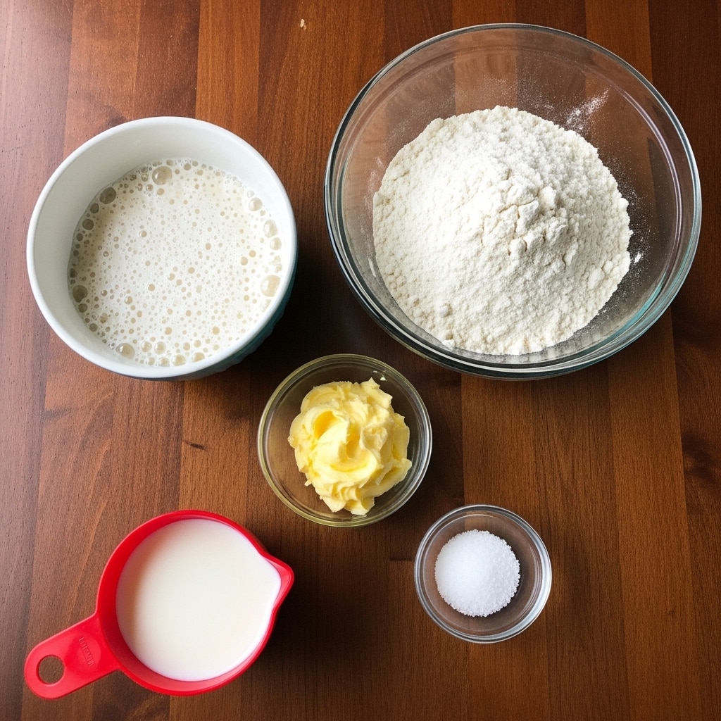 The image shows five containers with baking ingredients arranged on a brown wooden surface. On the top right is a large clear glass bowl filled with white flour that has a slightly smooth and powdery texture. To the left side, there is a white bowl with a light blue outer layer holding a bubbly white mixture, possibly yeast or batter. Below these two bowls, a small clear glass bowl contains yellow softened butter with a smooth and creamy texture. To the bottom left, a red plastic measuring cup is filled with a white liquid, likely milk. Finally, at the bottom right, a tiny clear glass bowl is filled with white coarse salt. All items are arranged separately with space between each container photo taken with an iphone --ar 4:5 --v 7