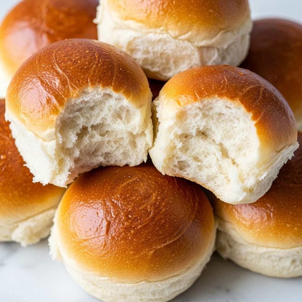 A close-up view of several soft, round bread rolls stacked in a pile. Each roll has a smooth, golden-brown top with a slightly shiny surface and a light, fluffy white interior that is visible in two of the rolls where small bites have been taken. The texture of the rolls looks very soft and airy, with slightly uneven and torn crumbs at the bitten areas. The rolls sit on a white marbled surface that adds a clean and simple background, highlighting the warm color and softness of the bread. Photo taken with an iphone --ar 4:5 --v 7