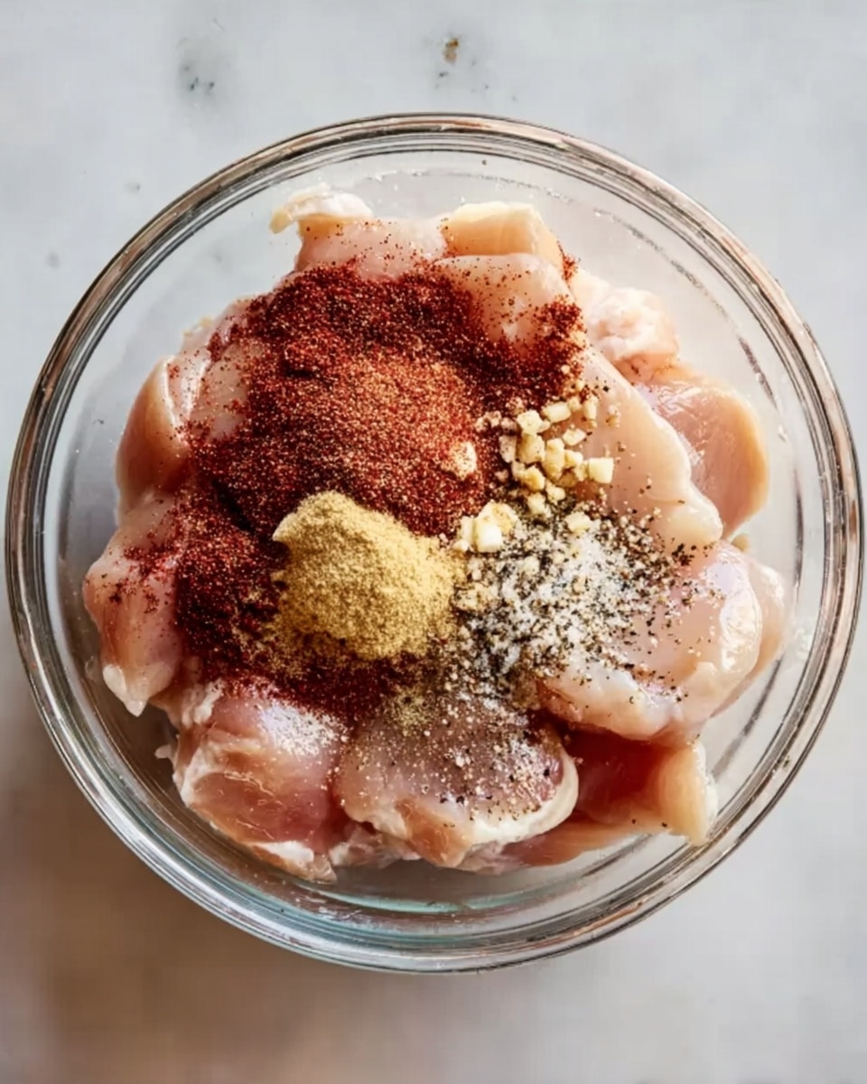 A clear glass bowl sitting on a white marbled surface contains raw pale pink chicken pieces as the bottom layer, topped with a dark reddish-brown powder, light yellow granules, and a small sprinkle of black and white pepper, all sprinkled unevenly on the chicken. Photo taken with an iphone --ar 4:5 --v 7