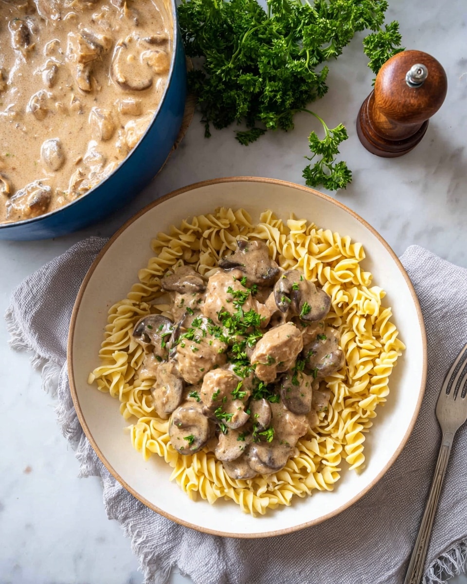 A white bowl filled with a layer of yellowish twisted egg noodles arranged in a circular pattern along the edge, topped with a creamy brown mushroom sauce containing light brown chunks of meat and sliced mushrooms, garnished with small bright green parsley leaves; above to the left, part of a blue pot holds more of the creamy mushroom meat sauce, sitting on a white marbled surface. Near the bowl, fresh sprigs of parsley, a pepper grinder, and a fork resting on a light gray cloth are scattered around. photo taken with an iphone --ar 4:5 --v 7