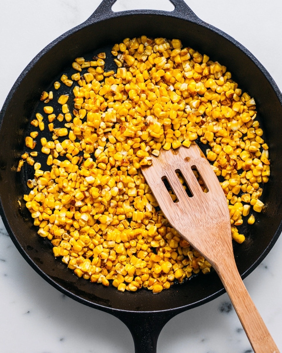 A black cast iron skillet filled with bright yellow cooked corn kernels, some showing light browning on the edges, spread evenly across the pan. A wooden spatula with three long slots lies on the right side, partially resting on the corn. The skillet sits on a white marbled surface, with the skillet handle visible at the bottom of the image. photo taken with an iphone --ar 4:5 --v 7