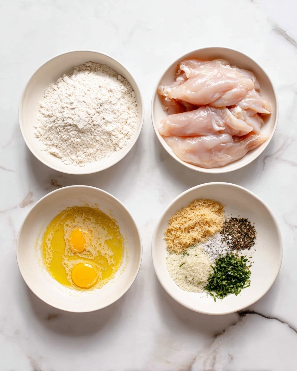The image shows four white bowls placed on a white marbled surface. The top right bowl has raw, pale pink chicken fillets layered on top of each other. The top left bowl contains white flour with a powdery texture. The bottom left bowl holds whisked yellow eggs with a light frothy surface. The bottom right bowl features a mix of different ingredients: light brown breadcrumbs, grated white cheese, chopped green herbs, and small piles of black and white spices, all arranged in separate sections within the bowl. Photo taken with an iphone --ar 4:5 --v 7